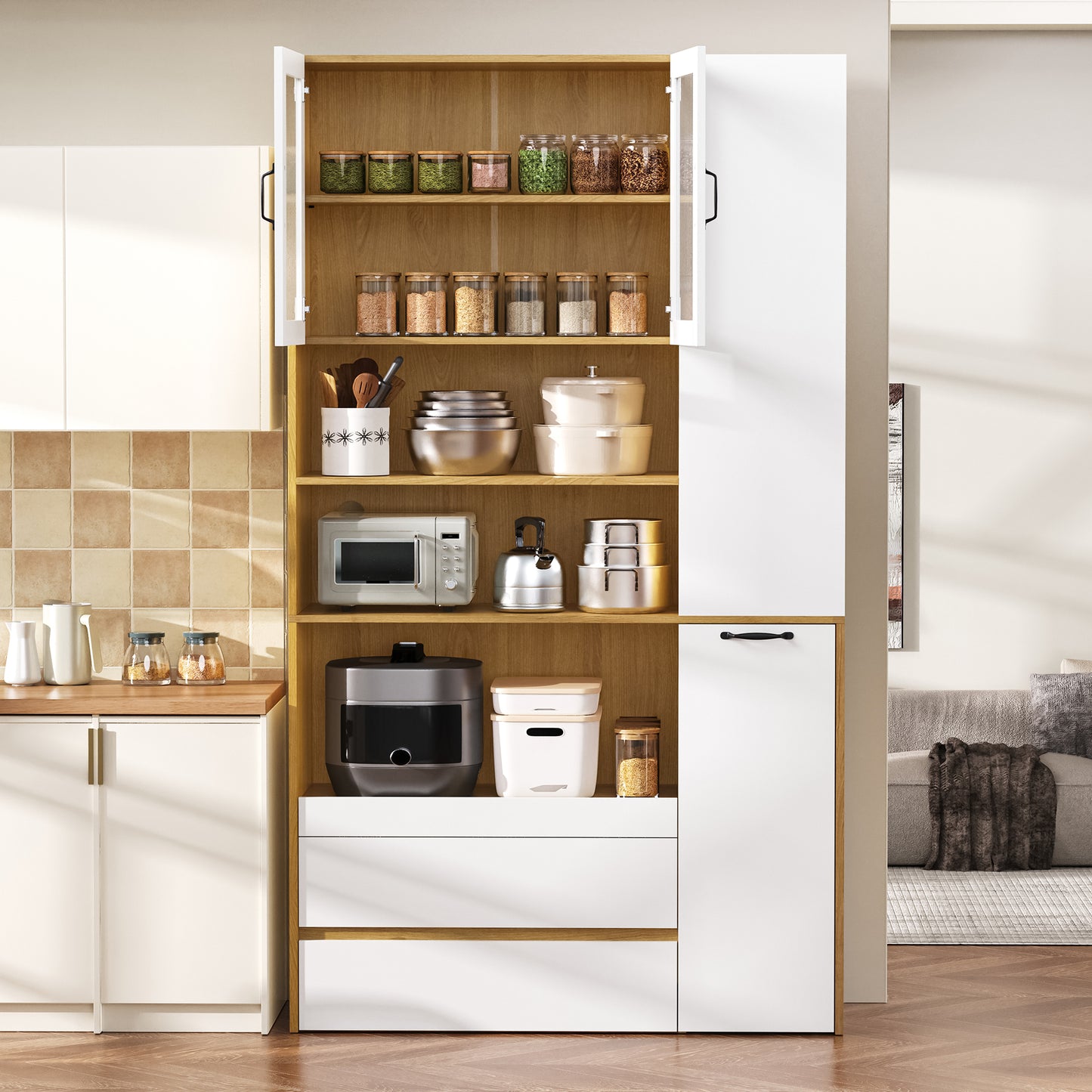 Highboard With Adjustable Shelves And Drawers, Buffet Cabinet With Pull-out Shelves And Checker Glass, Ideal For Dining Room, Living Room And Kitchen  White Natural