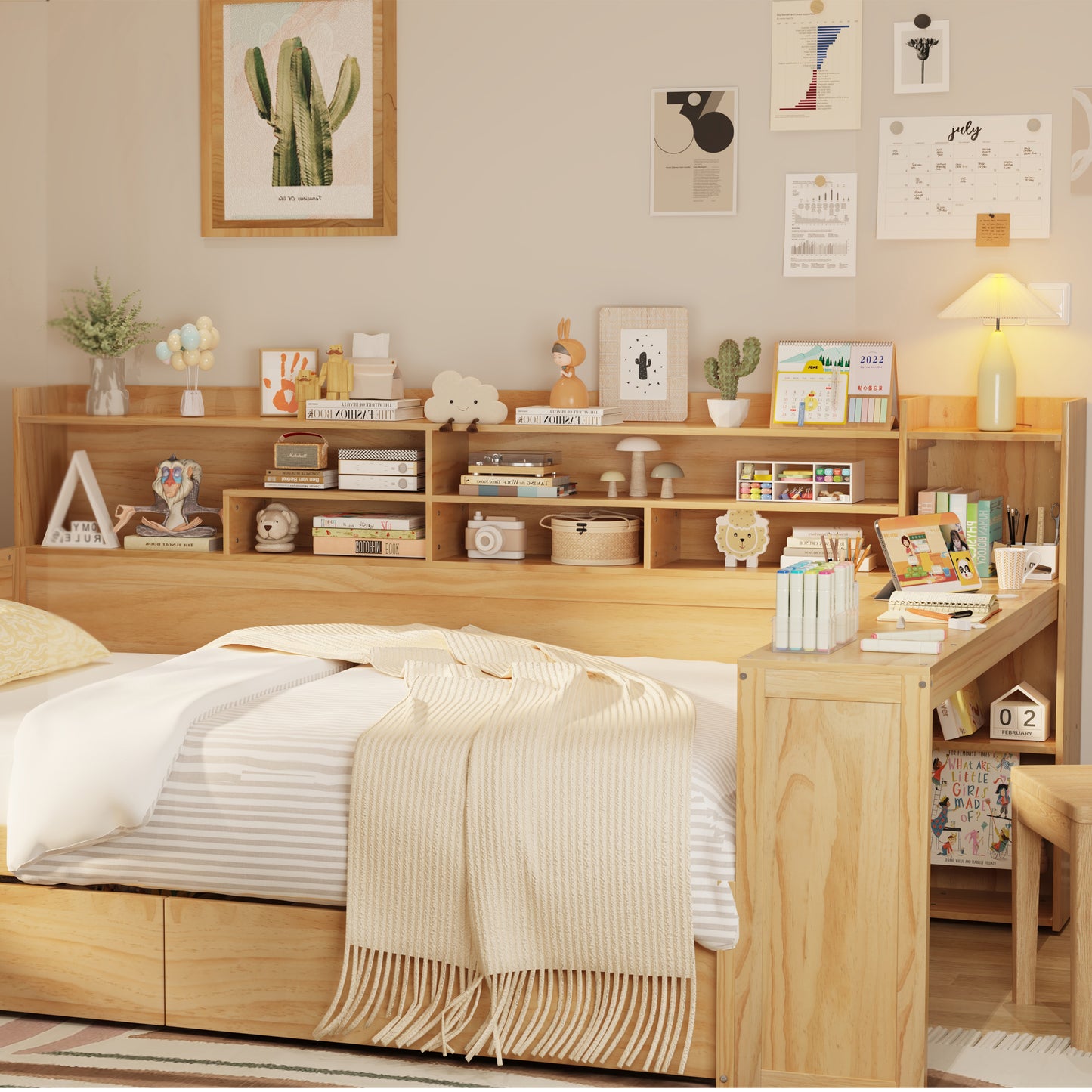 Wooden Twin Size Daybed With Storage Shelves, Multi-functional Bed With 2 Storage Drawers And  Study Desk, Natural