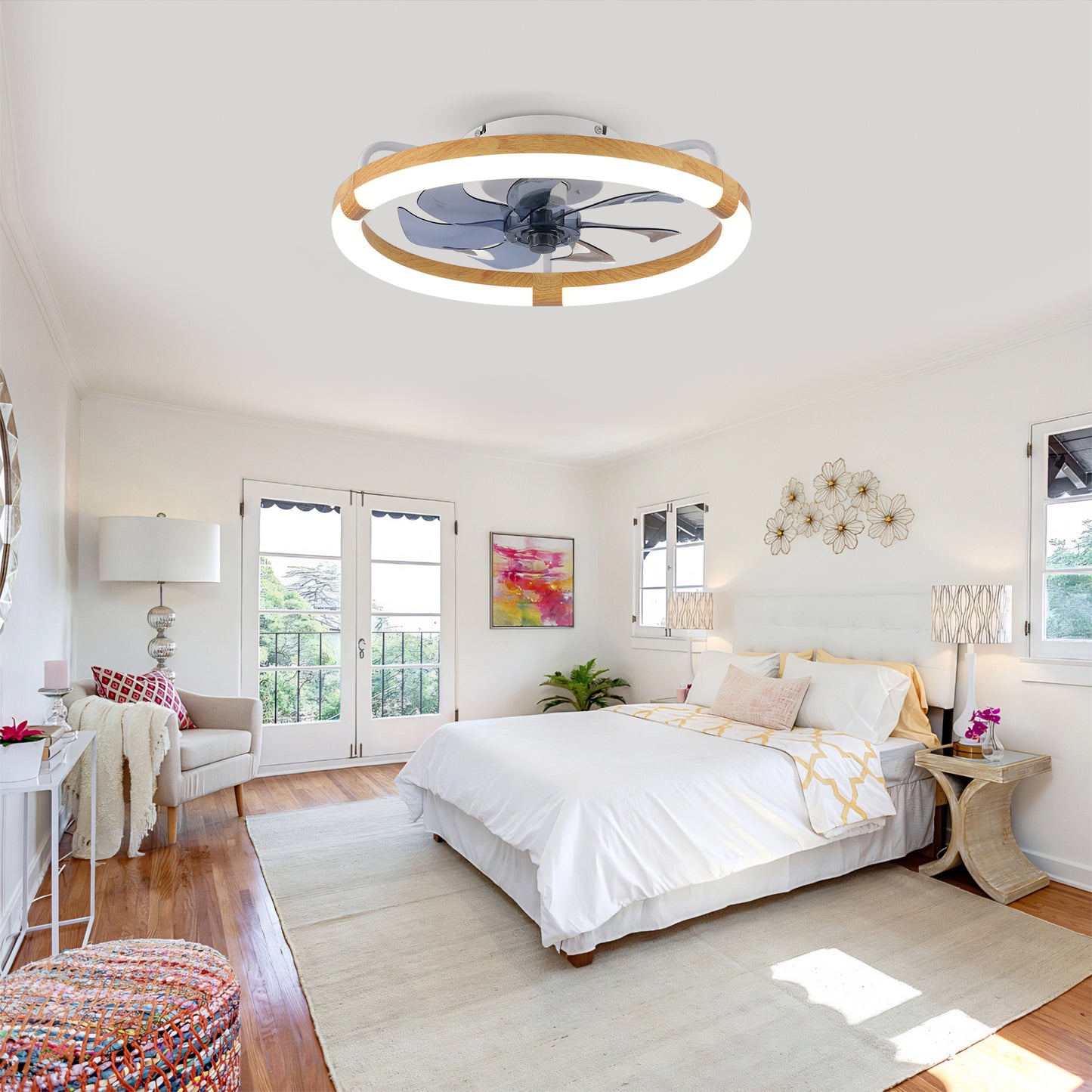 20  Ceiling Fans With Kit ,LED Light Source And Remote Control, 3000-6500K Dimmable Modern Flush Mount LED Fan Light, 6 Speeds, Quiet DC Motor For Living Room, Bedroom,Kitchen----Matte White WOOD