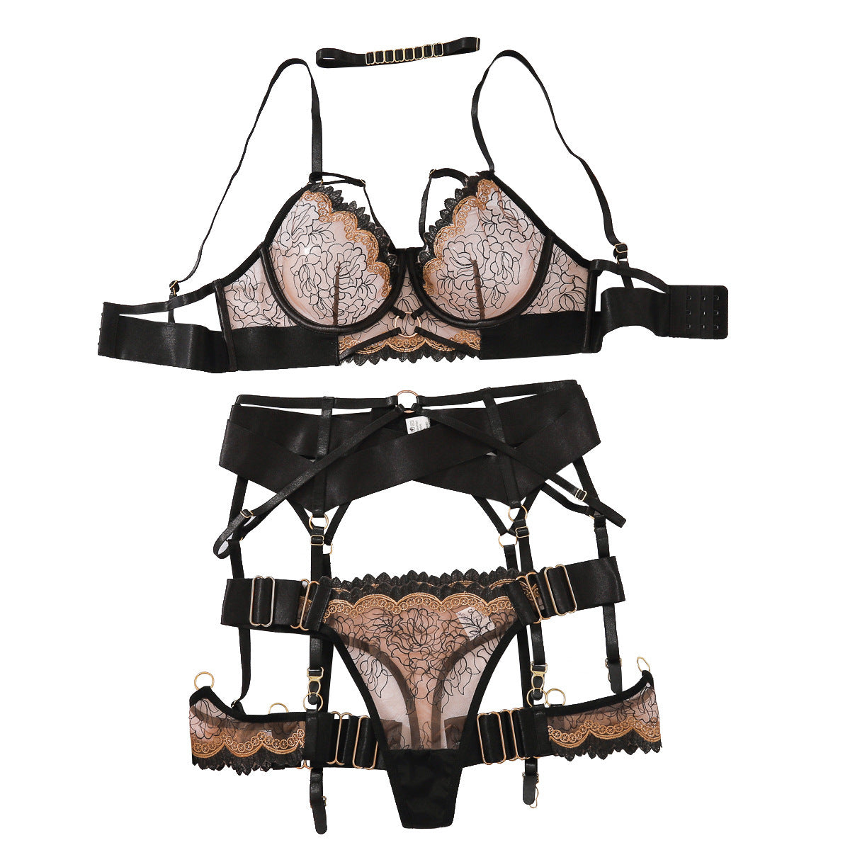 5-Piece Body-Shaping Sheer Embroidered Contrast-Color Sexy Lingerie Set