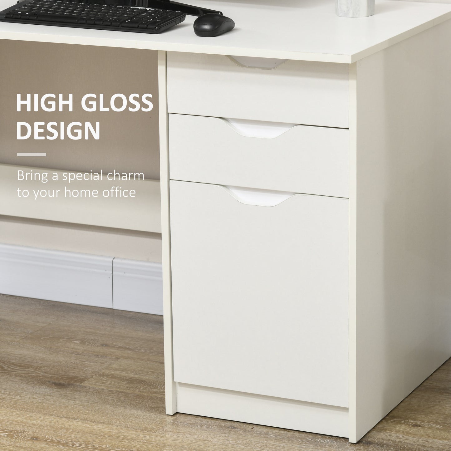 Computer Desk With Drawers, High Gloss Home Office Desk With Storage Cabinet, Study Workstation, 120 X 60cm, White