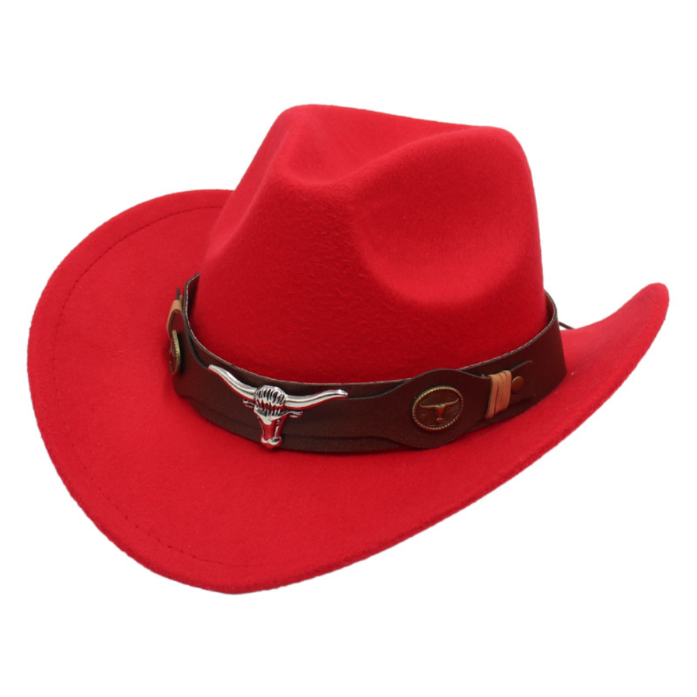 National Style Bull Head Decoration Western Cowboy Hat Retro Fashionable Belt Buckle Wide Brimmed Felt Hat For Outdoor Camping, Travel Photography, Outfit. Hat