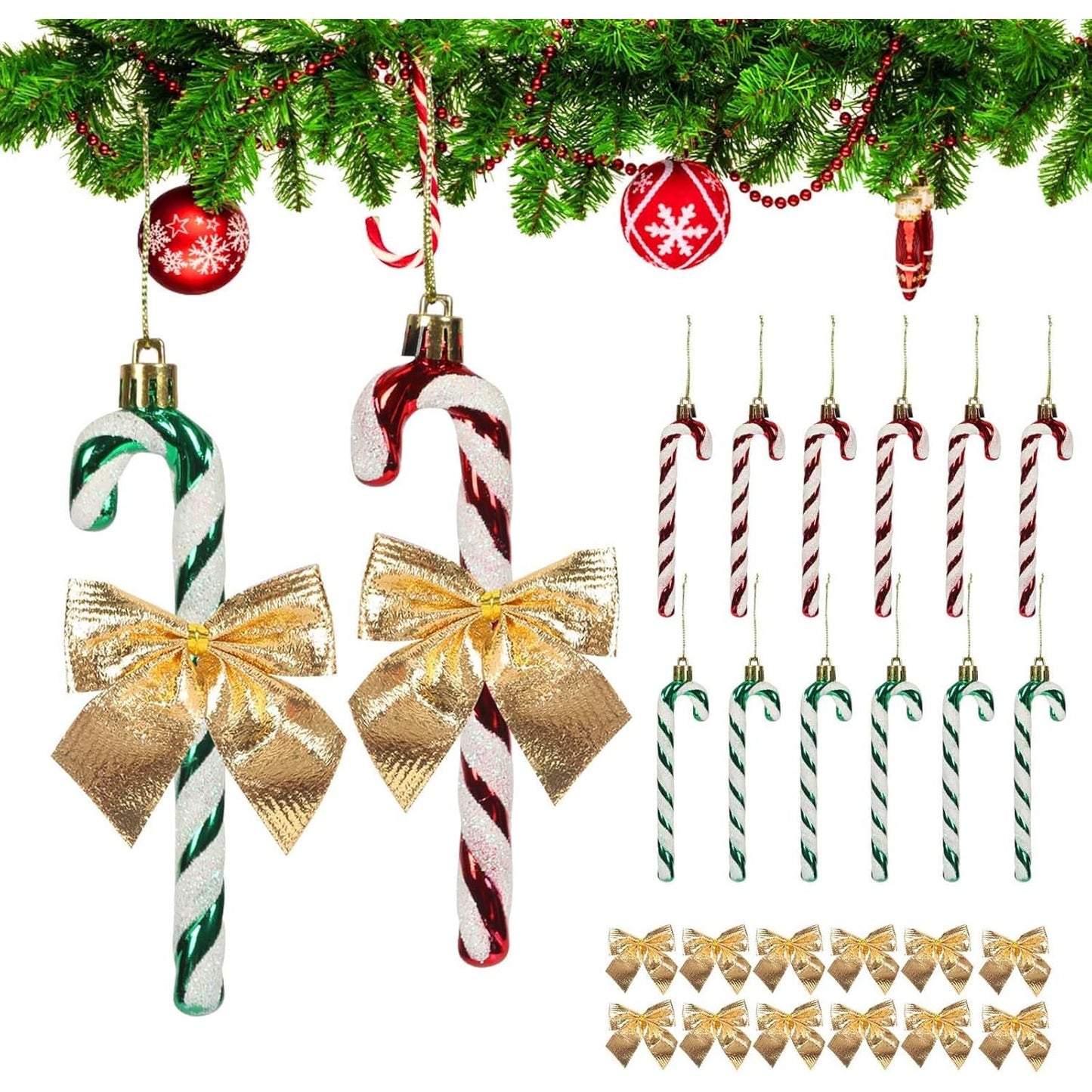 24-Piece Set Of Candy Cane Christmas Tree Ornaments - Candy Cane Christmas Tree Decorations - Christmas Tree Ornaments With Bows For Christmas And New Year's Gifts - Gift Box Decor