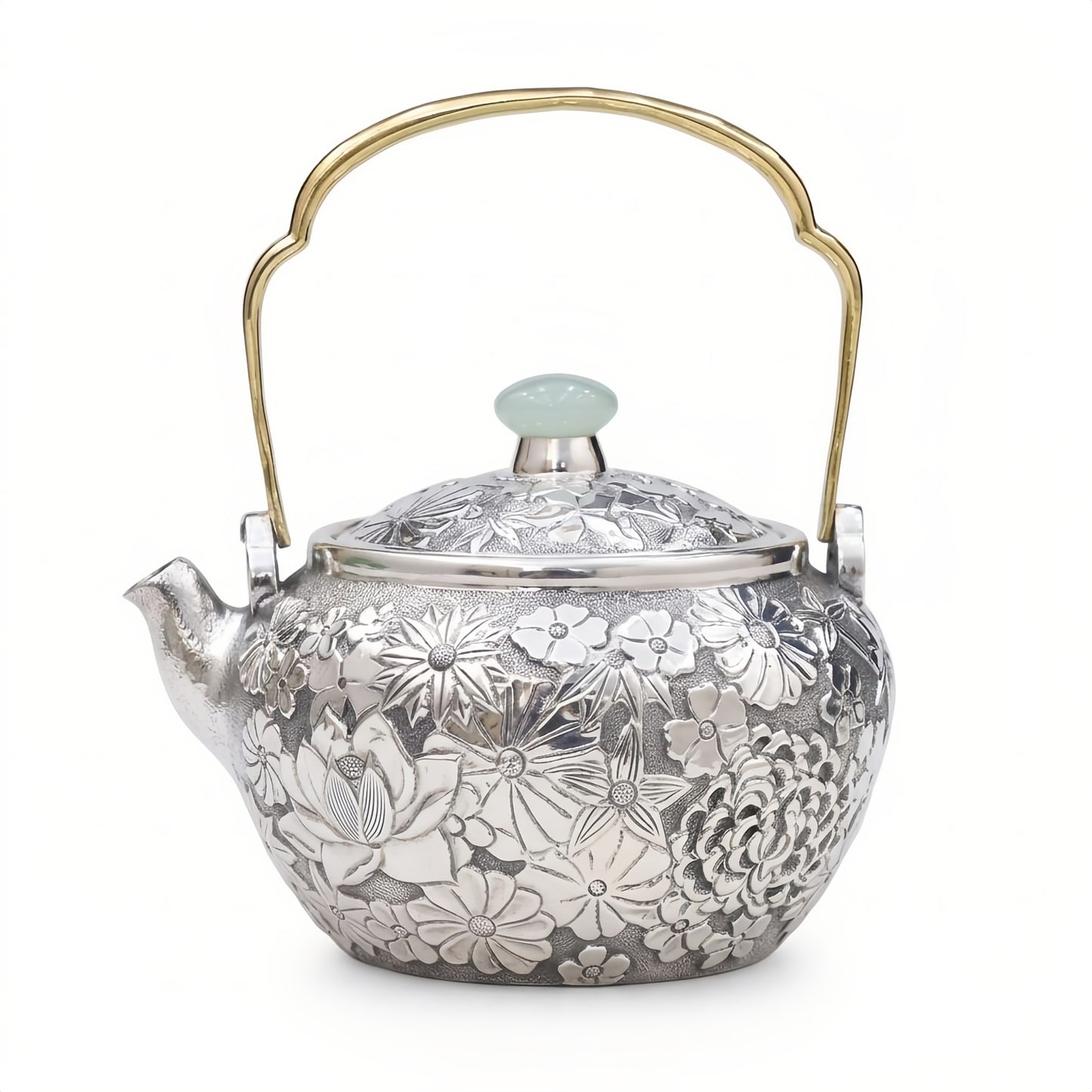 925 Sterling Silver Handcrafted Silver Tea Kettle Featuring Intricate Floral Relief and Jade Accents - Handicraft