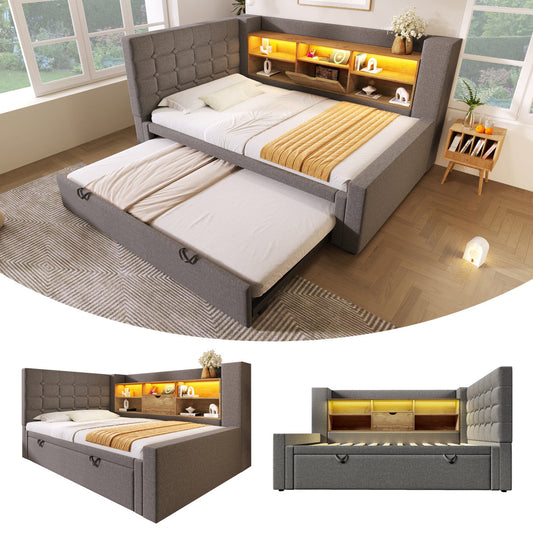 Upholstered Bed Bed 90x200 Cm With Pull-out Bed 90x190, And LED Lighting,Struraum Bed, L-shaped Headboard With Storage, Can Be Mounted On Both Sides, Slatted Base, Linen, Grey  Without Mattress