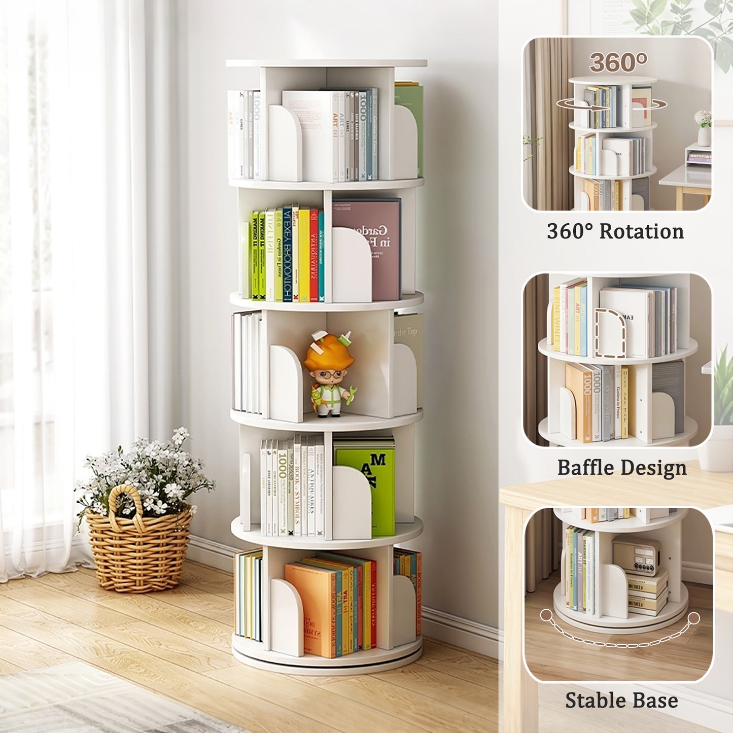5 Tier Rotating Bookshelf,   Display Round Spinning Bookshelf, Space-Saving, Small Space Rotating Bookshelf Tower For Bedroom, Living Room, Home, Office, Warm White