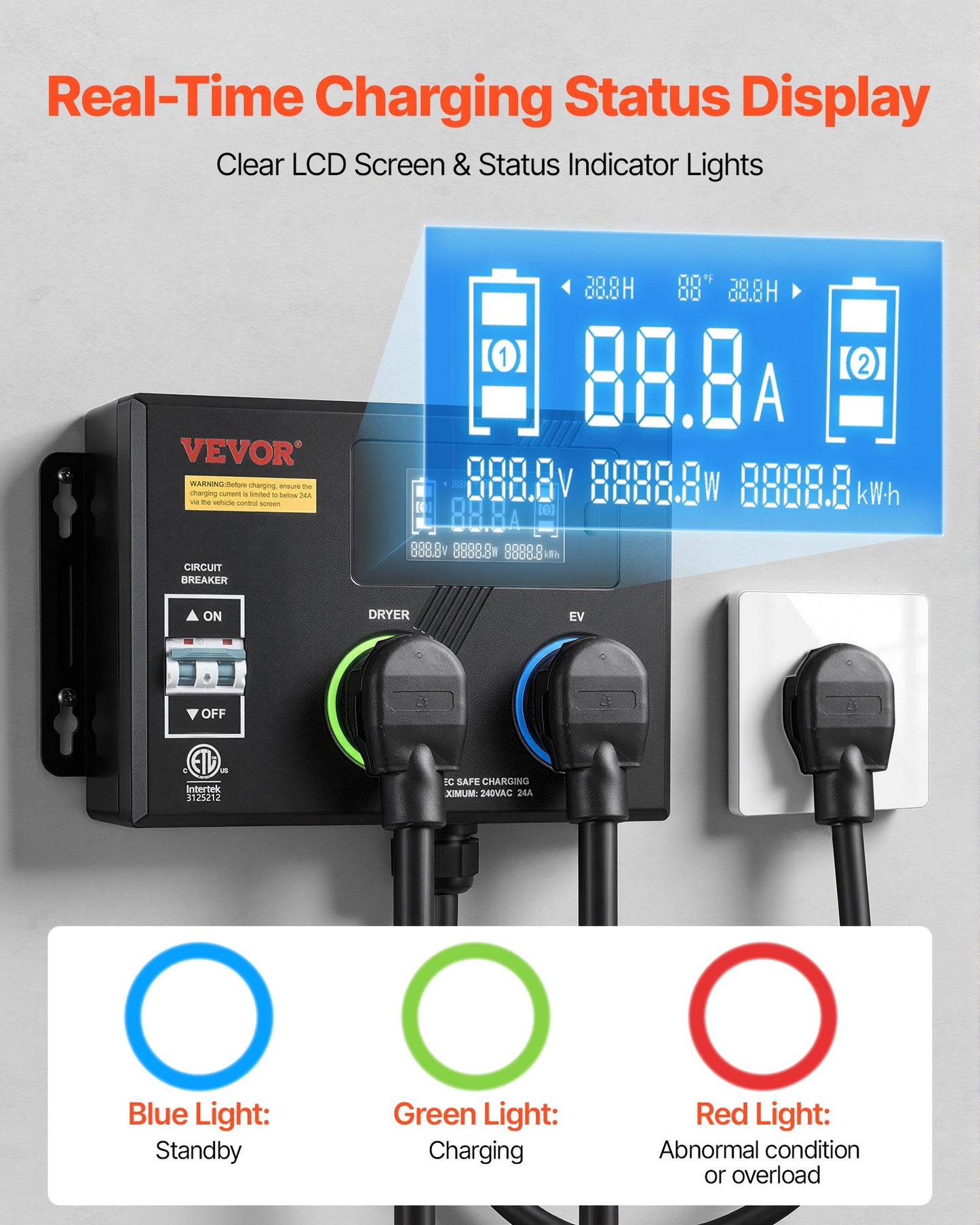 Automatic EV Charging Switch, NEMA 14-30, Splitter Switch For Dryer & EV Charger, 24A Max 240V Smart Power Distribution With Circuit Breaker, Real-Time Display, For EVs, Ovens, Dishwashers, ETL