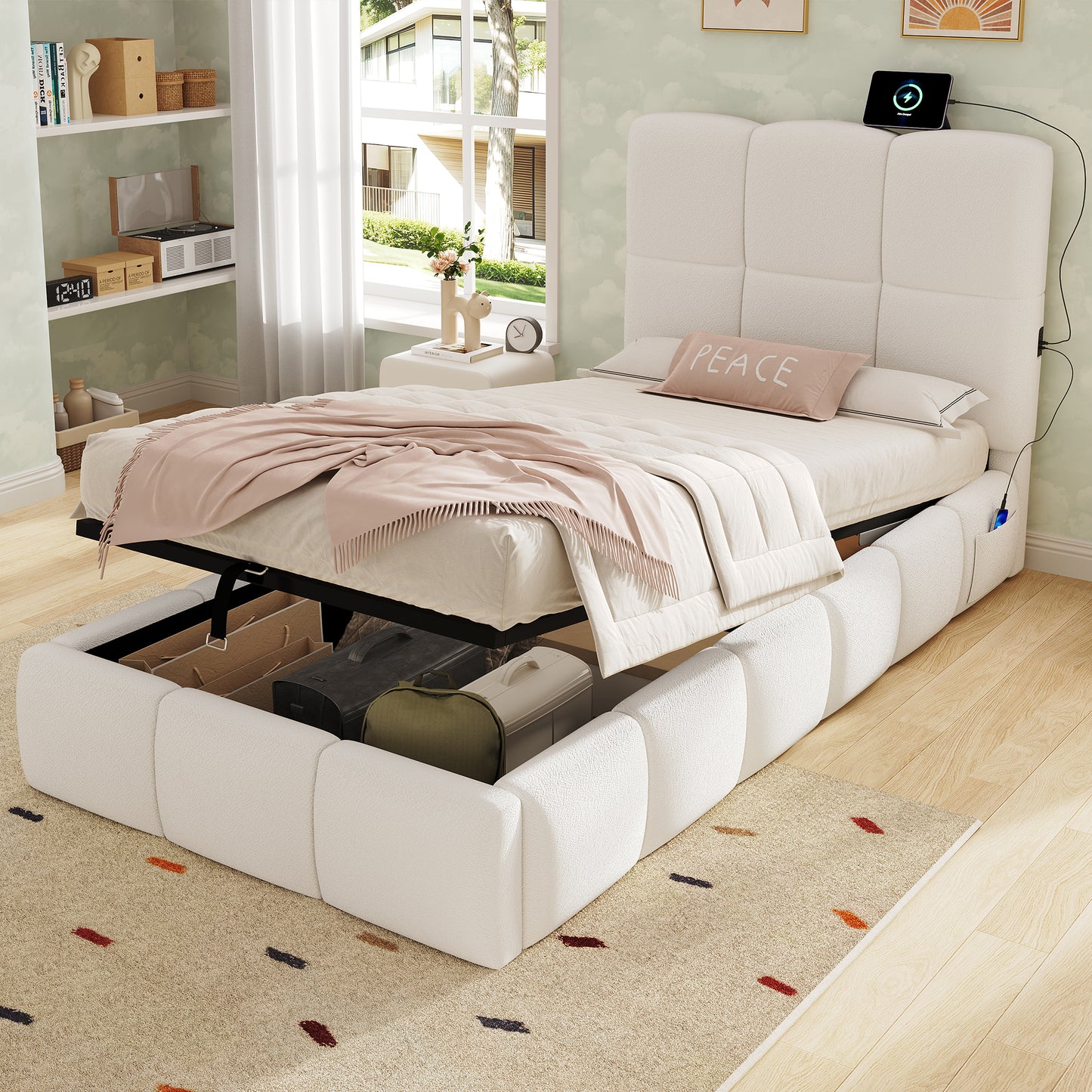 Upholstered Bed, Single Bed, Cot 90 X 200cm, Hydraulic Functional Bed, Bed With Slatted Base, Headboard, Large Storage Space And USB Charging Port, Upholstered Headboard, Boucle, Beige