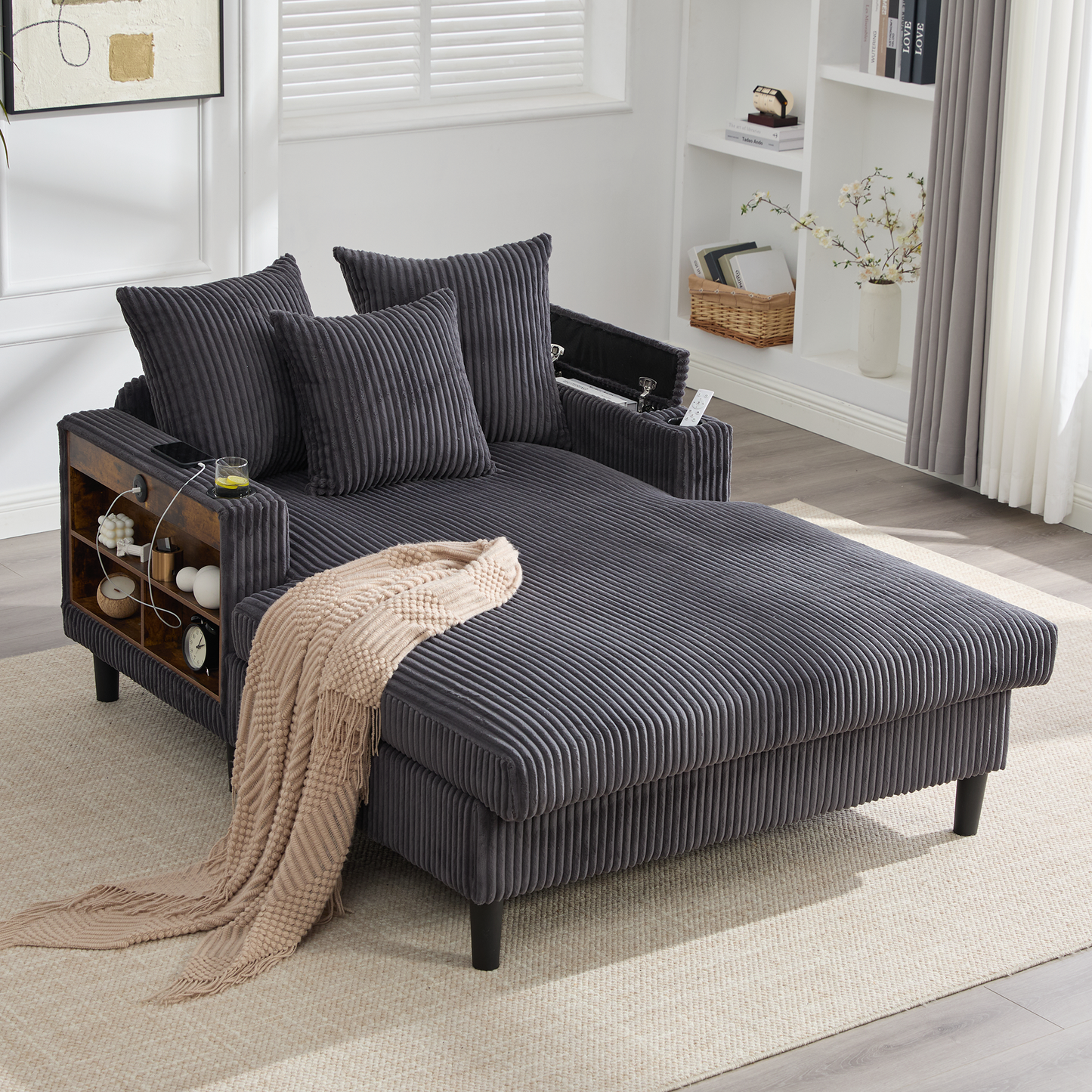 Multifunctional Corduroy Lounge With Chaise Longue With Large Lying Surface, Cup Holders On Both Sides, LED Lighting, Side Pocket, Storage Space, USB Charging Port, Sturdy Plastic Feet  Versatile.