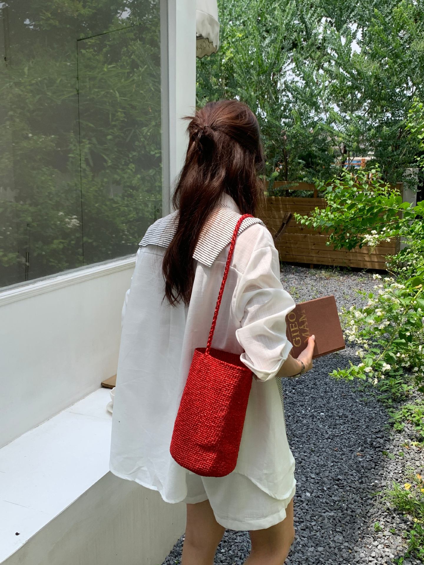 Korean-style Red Handmade Woven Bucket Bag For Women
