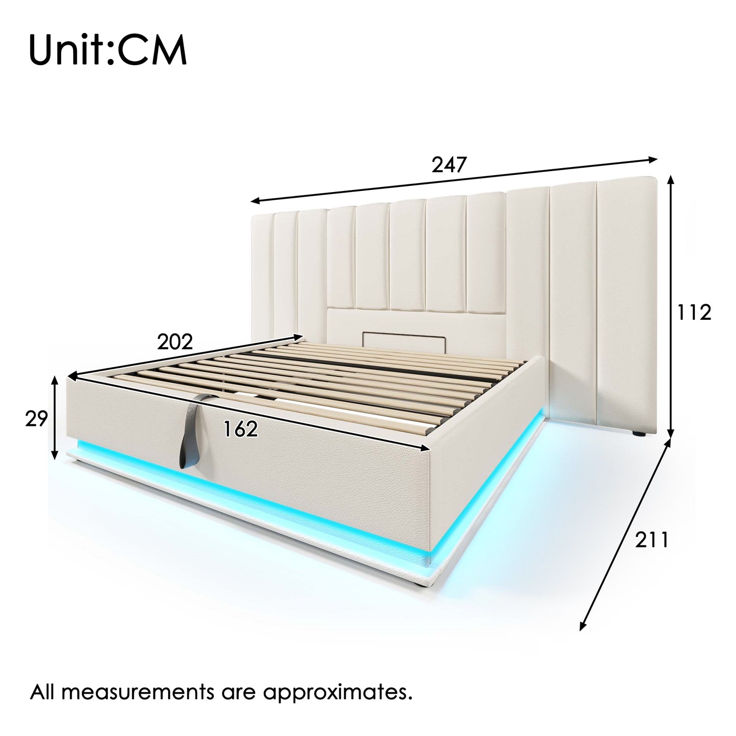 Upholstered Bed 160x200, Double Bed Storage Bed With App Control LED And USB-C Charging Function, Bed Frame With Slatted Frame, PU, White, Without Mattress And Bedside Table