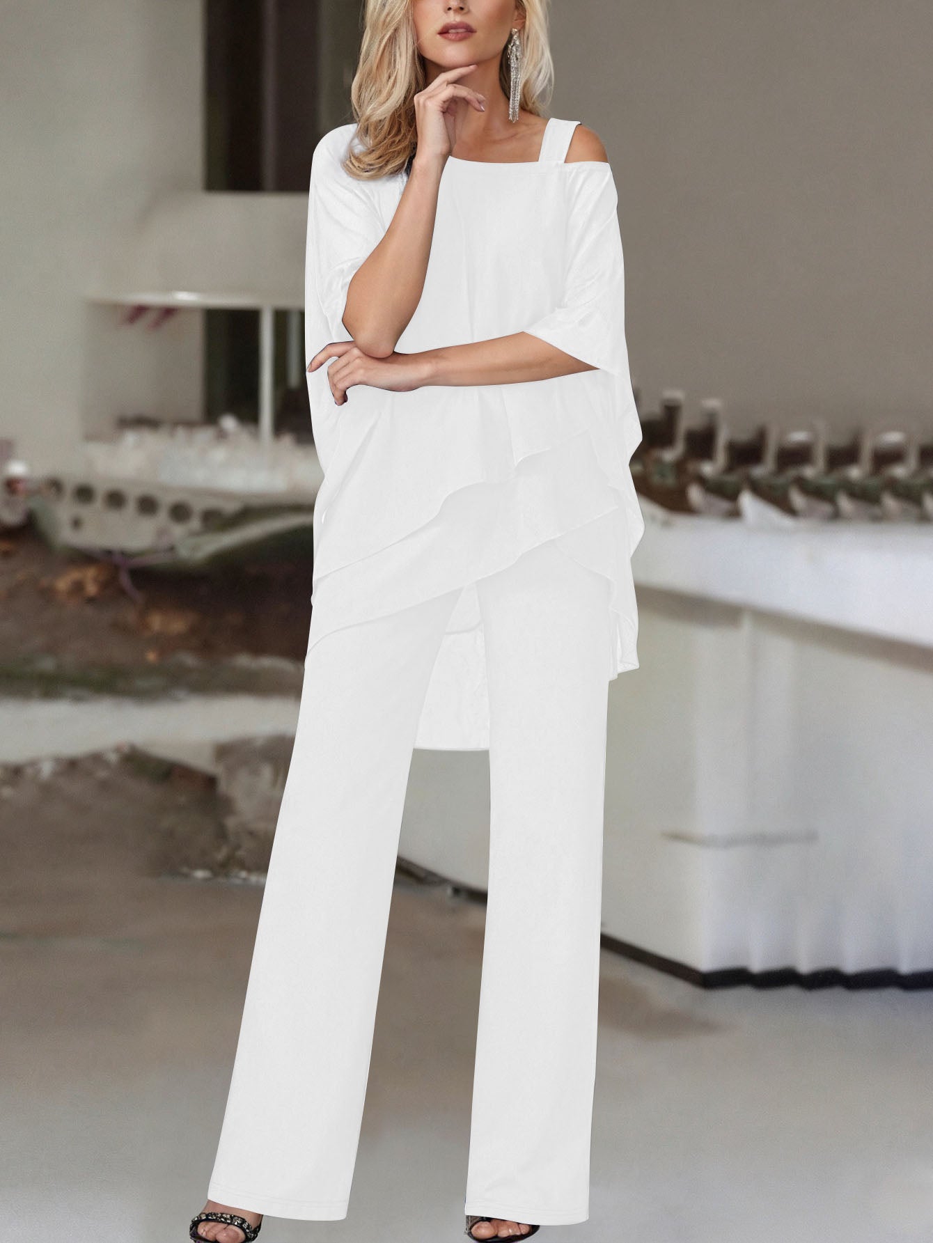 Cold Shoulder Asymmetrical Ruffle Blouse & High Waist Wide Leg Pants Set For Women Casual Elegant Two Piece Outfit Casual Office Wear