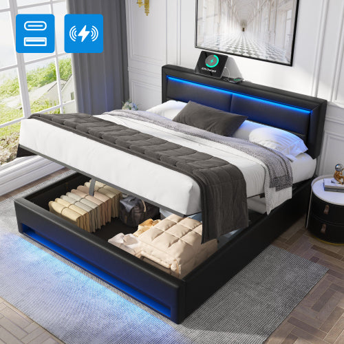 Upholstered Bed 150 X 200 Cm, King Size Bed-5ft,with USB Port Supports Wireless And Wired Charging, With LED Lighting And Storage Space, Without Mattress, PU Lychee Pattern, Black