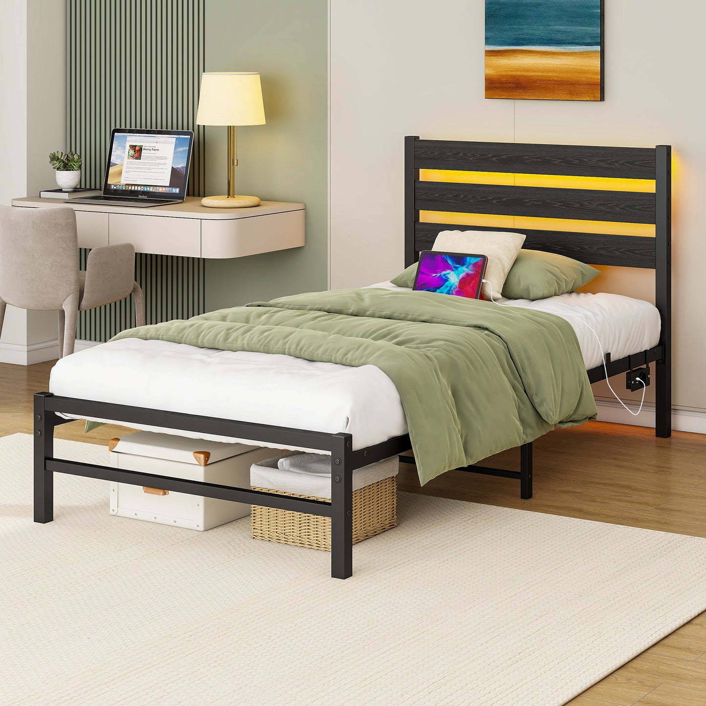 90x200cm Bed Frame With Headstock, Metal Bed Frame With USB Charging Station, LED Bed Frame, Strong Steel Layer Support, Under Bed Storage, No Box Spring Required, Noise-Free, Easy Assembly