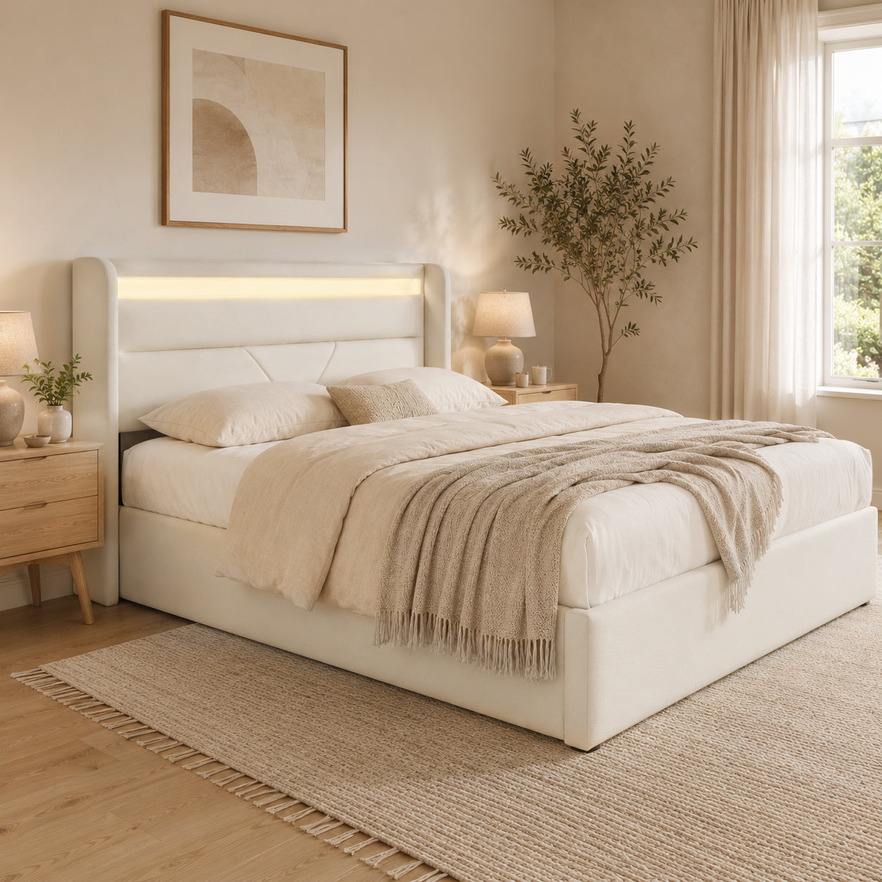 Hydraulic Storage Bed With LED Lighting Strip, Double Bed Bed Frame Upholstered Bed 140x200cm, Functional Bed, White  With Remote Control