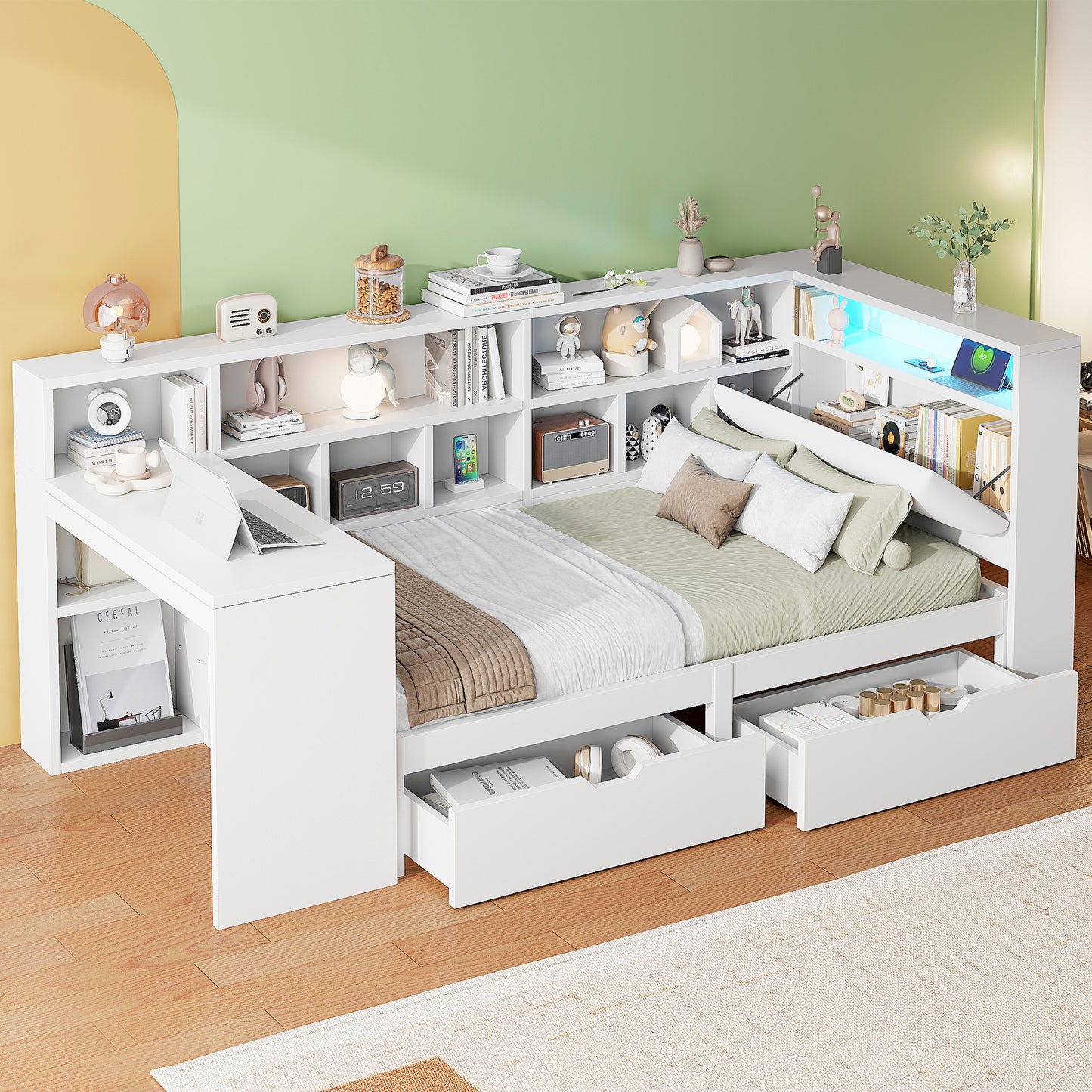 90x200 L-Shaped Wooden Platform Bed With Desk And Bookcase, Corner Captain's Bed With Upholstered Headboard, Under-Bed Drawers, LED Light - White