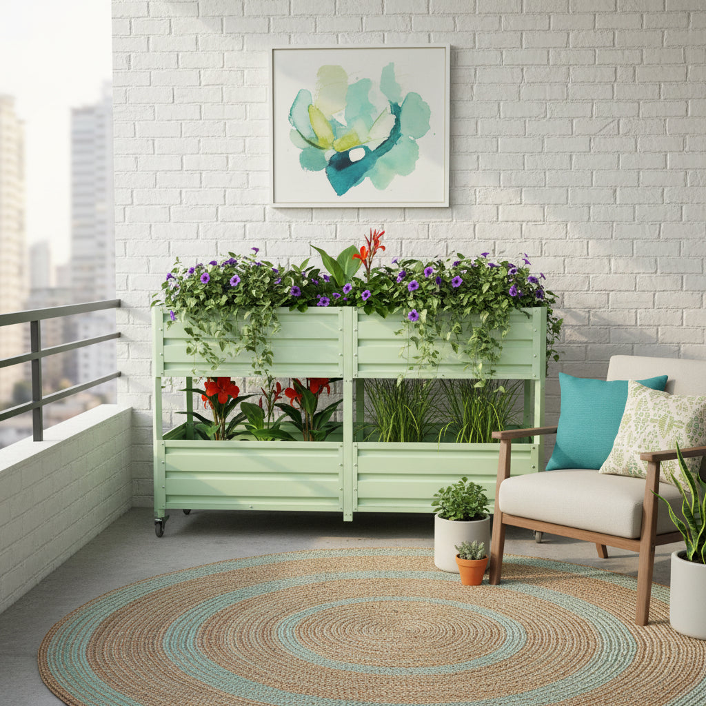 Dual Tier Elevated Metal Raised Garden Bed With Lockable Wheels, Staggered 2-Layer Raised Planter Box For Vegetables Herbs Flowers, Outdoor Patio  Green Planting Bed,Green