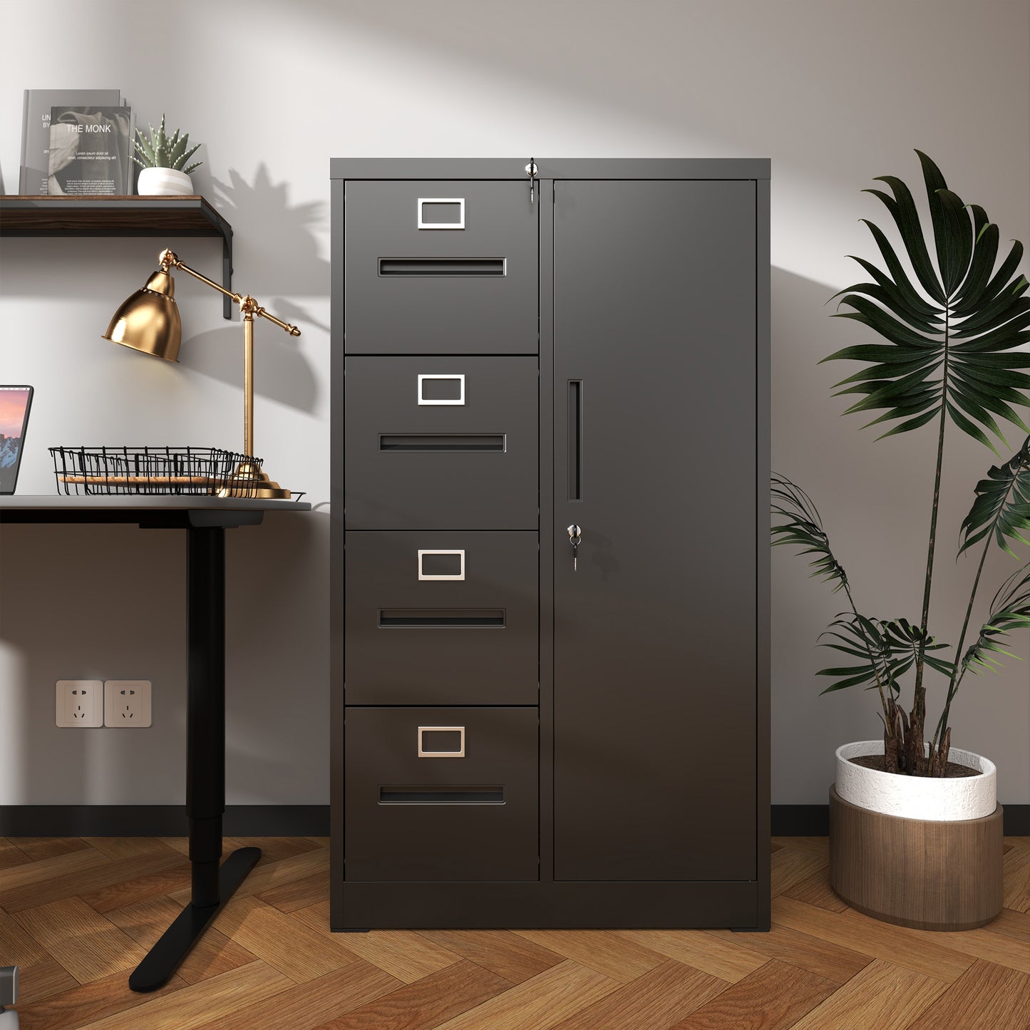 Metal Storage Vertical Filing Cabinet With Lock, Steel File Locker With 4 Drawers And 1 Door For School, Living Room, Bedroom, Office  Black