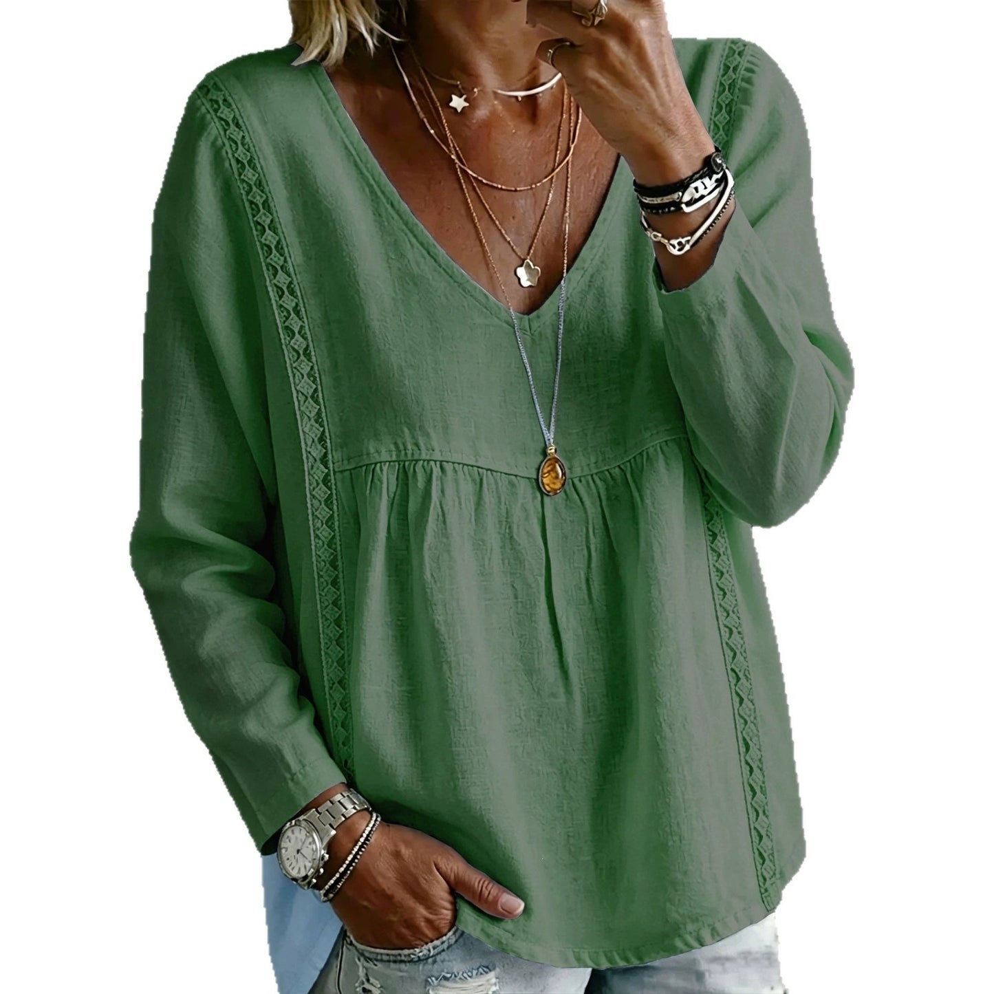 New Womens Lace-trimmed V-neck Pullover In Solid Color With Long Sleeves