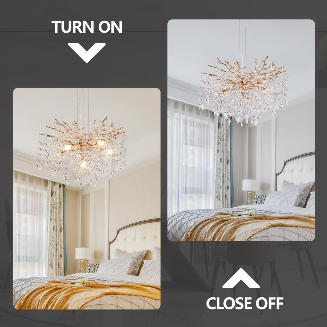 Modern Tree Branch Crystal Chandelier Luxury Gold Crystal Pendant Lighting 23.6in Contemporary 6-Light Chandeliers For Dining Room Kitchen Bedroom Living Room Bulb Is Not Including