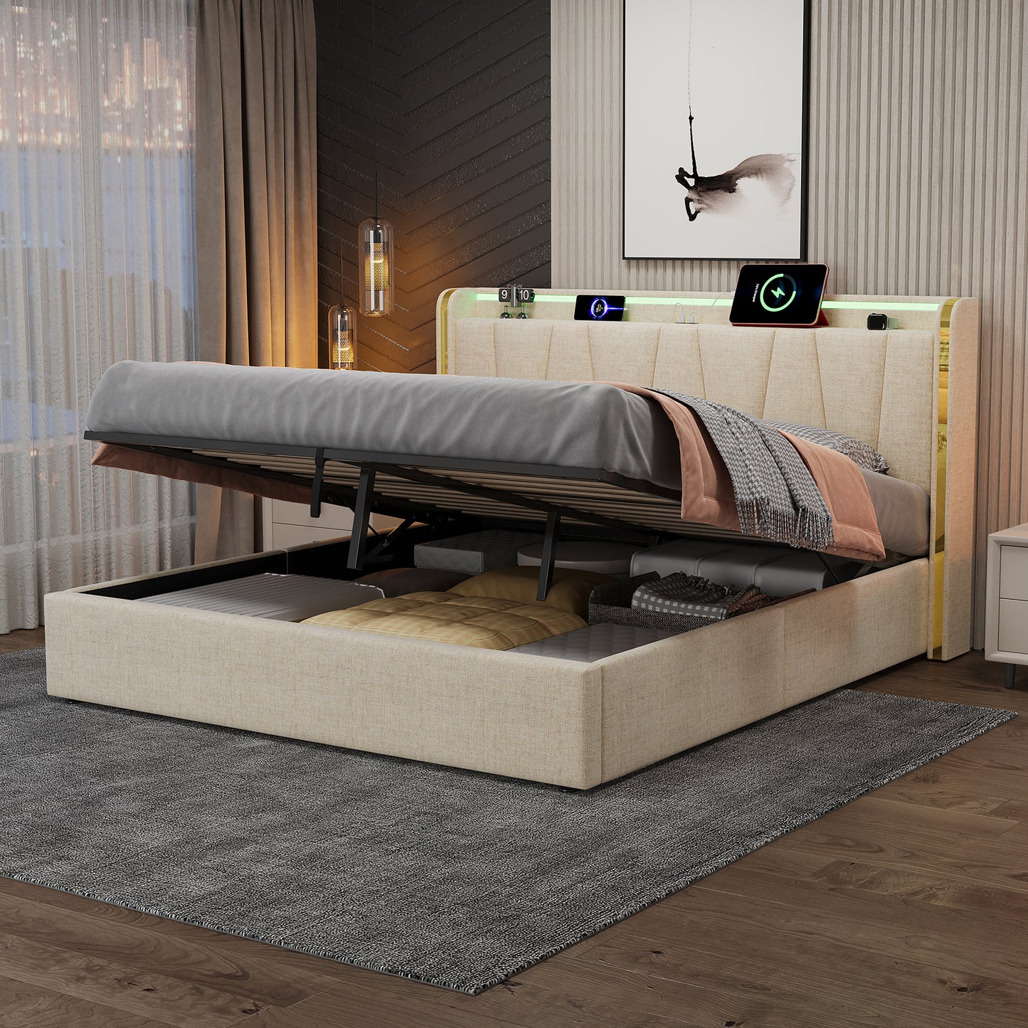 5ft King Upholstered Bed Frame With Hydraulic Storage, LED Headboard With Charging Station And Chrome Trim, USB And Type-C Ports, Linen, No Box Spring Needed, Beige No Mattress