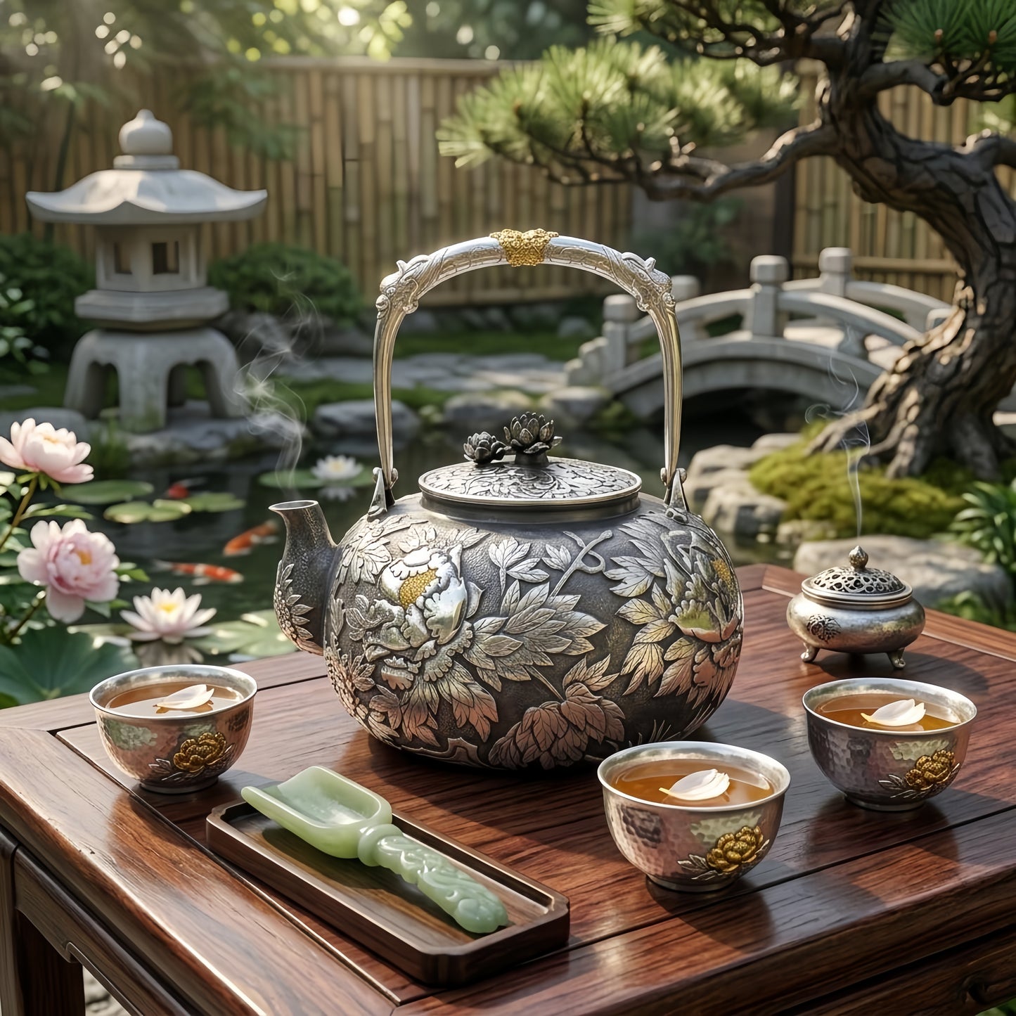Pure 999 Fine Silver Elegant Hand-Carved Silver Tea Kettle Featuring Intricate Peony Blossoms and Ornate Arched Handle - Handicraft