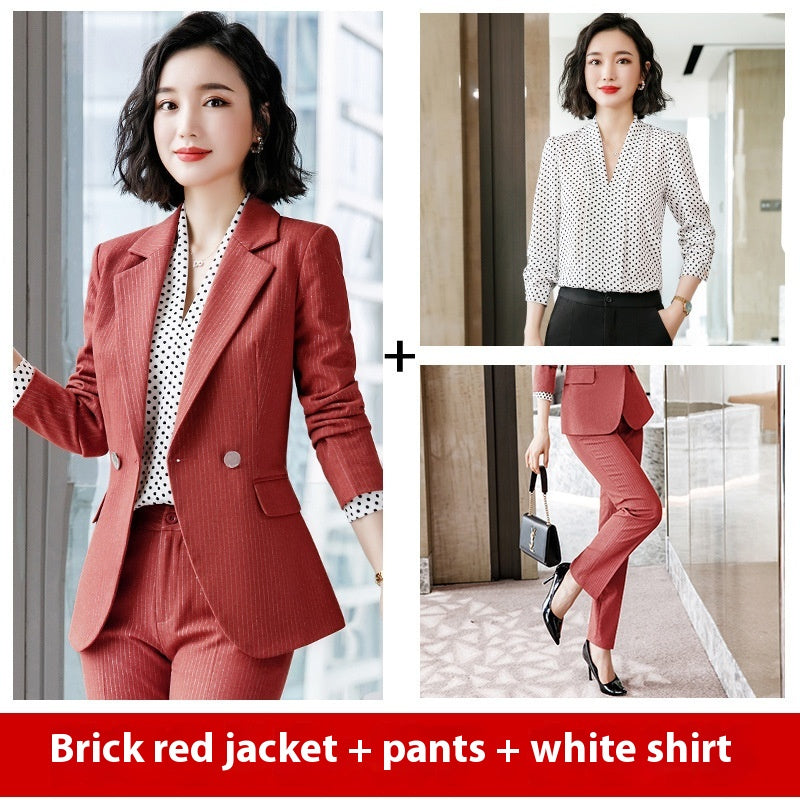 Temperament Korean Style Fashion Striped Red Business Suit Women