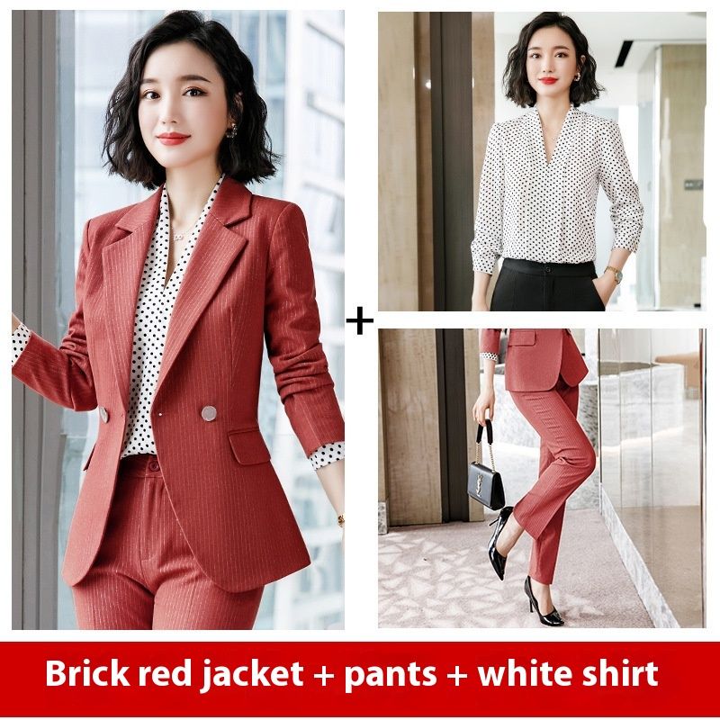Temperament Korean Style Fashion Striped Red Business Suit Women