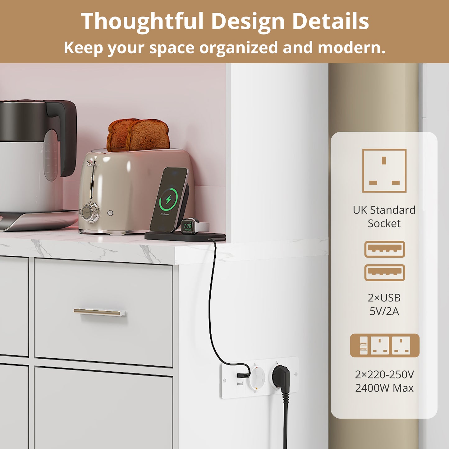 100x40x180cm, Kitchen Tall Cabinet, Pantry, Buffet Cupboard With LED App Controlled, Drawers, Adjustable Shelves, And Charging Station,  For Kitchens And Dining Rooms