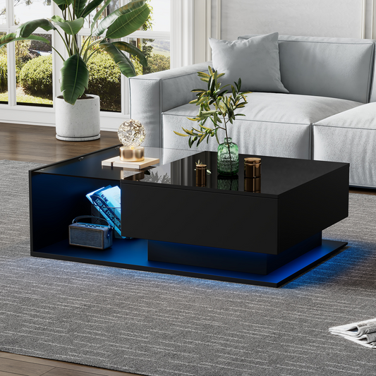 High-gloss Black Coffee Table 100x50x32 Cm - With Glass Top And Drawers, Scratch-resistant, With 1 Drawer, With LED Lighting, Modern Style
