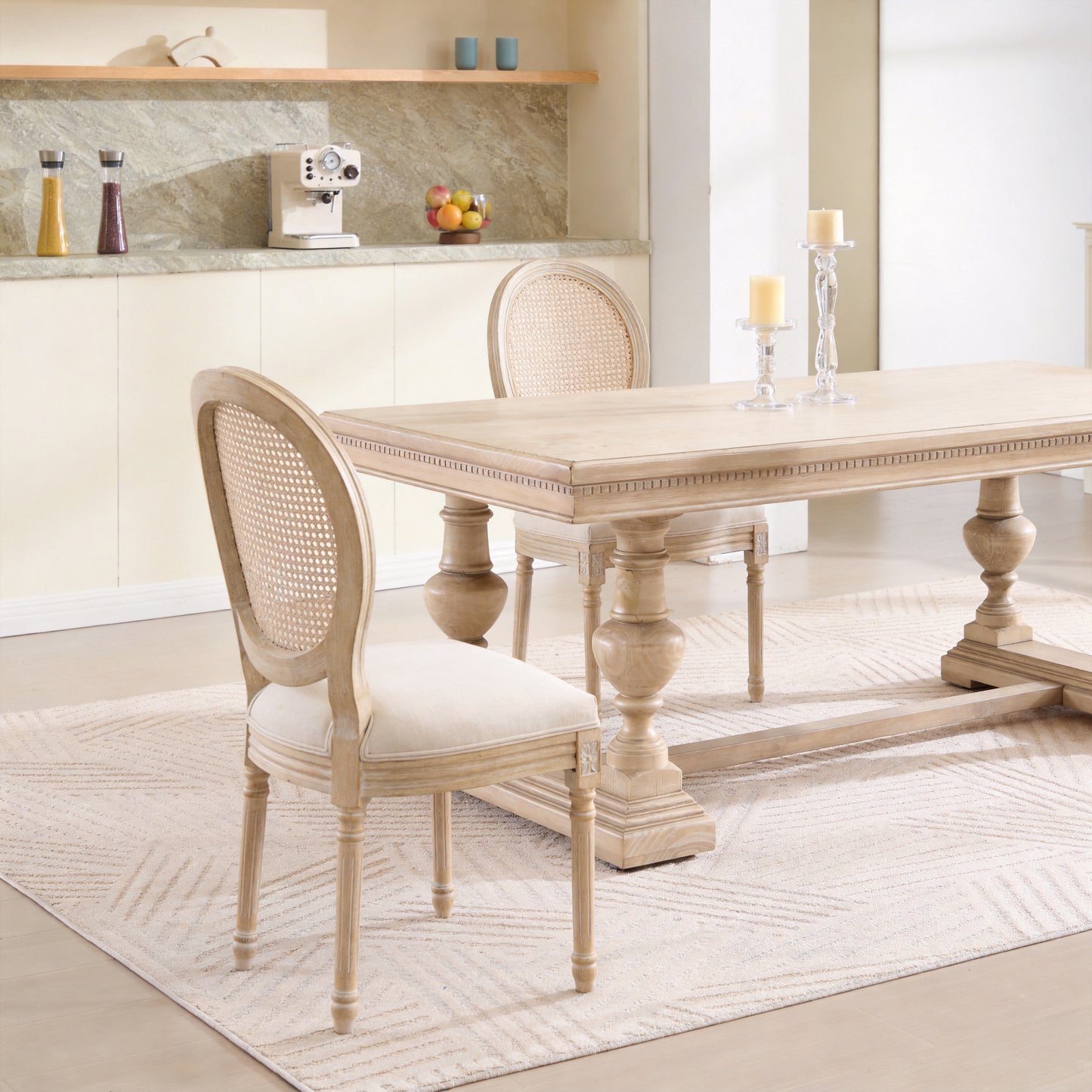 French Country Dining Chairs Set Of 2, Upholstered  Chairs With  Rattan Round Back, Wire Drawing And Carving Techniques ,Disassemblable ,  For Living Room, Kitchen , Restaurant Use, Beige