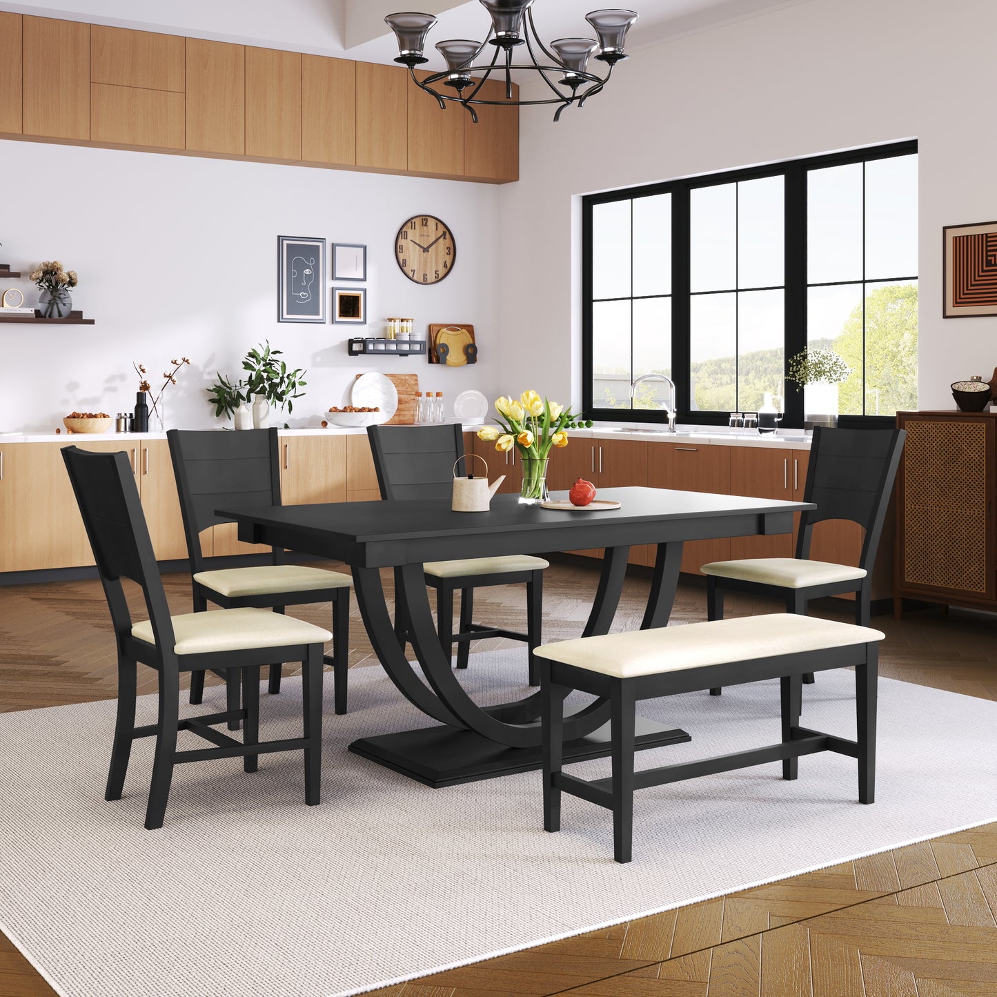 TOPMAX 6-Piece Wood Half Round Dining Table Set Kitchen Table Set With Long Bench And 4 Dining Chairs, Modern Style, Gray