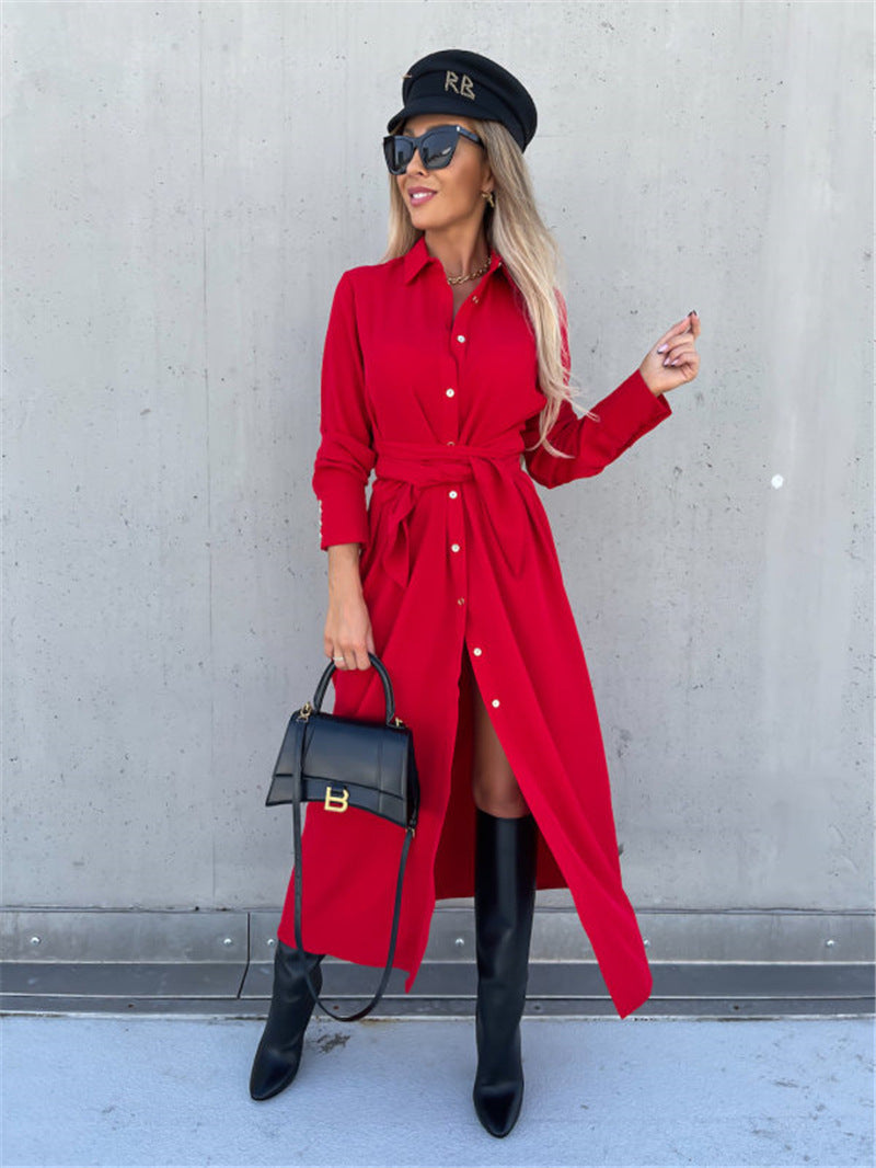 Women's Elegant Lapel Collar Long Sleeve Button Down Belted Shirt Dress, Casual Maxi Dresses With Slit For Office & Daily Wear