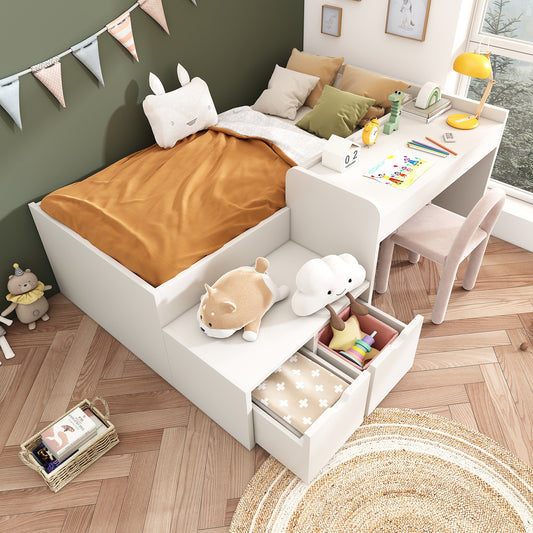 Children's Bed, Solid Wood Single Bed With Desk And Drawers, 90 X 200 Cm, White, Storage Bed With Slatted Frame, For Boys & Girls  Without Mattress
