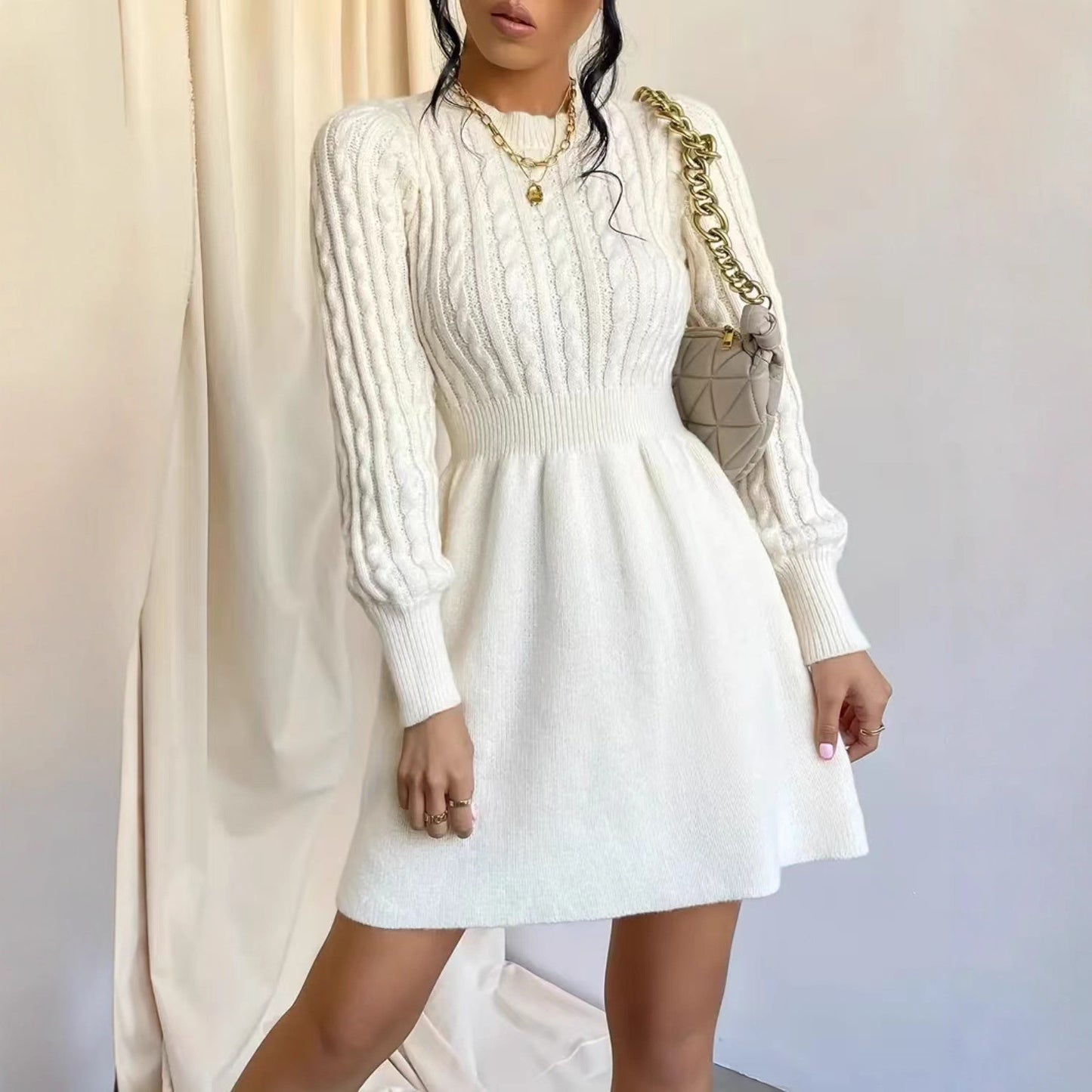 Korean-style Waist-defining New Year's Battle Skirt With A Round Neck And Twisted Knit Base