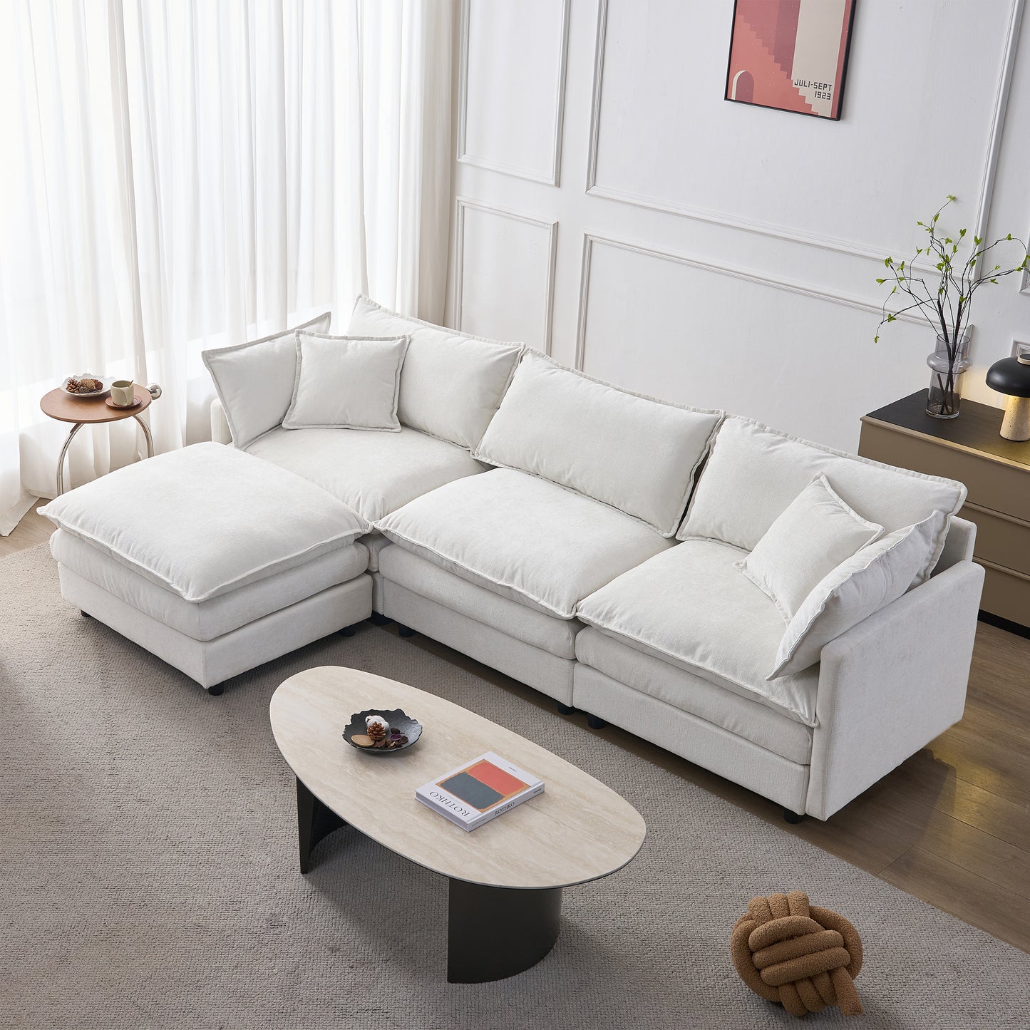 Premium Chenille Modular Corner Sofa  3 Seater With Chaise Lounge & Stool, Comfortable L-Sofa For Small Apartments, Living Room & Lounge, Breathable Family Seating Comfort