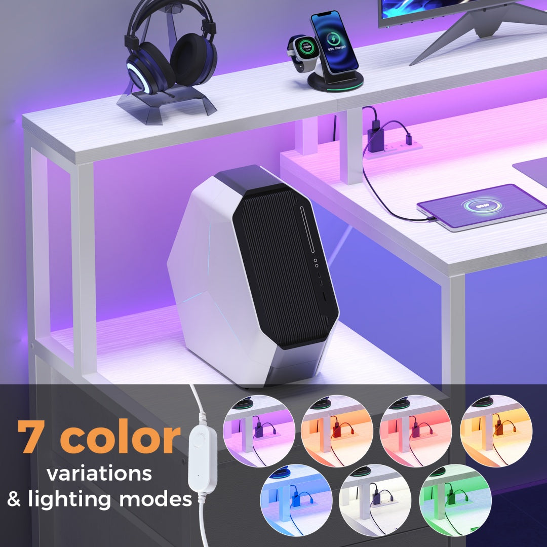 67-inch Computer Desk, Equipped With 5 Drawers And A Monitor Stand. The Gaming Table Comes With LED Lights And Power Sockets. The Printer Cabinet.