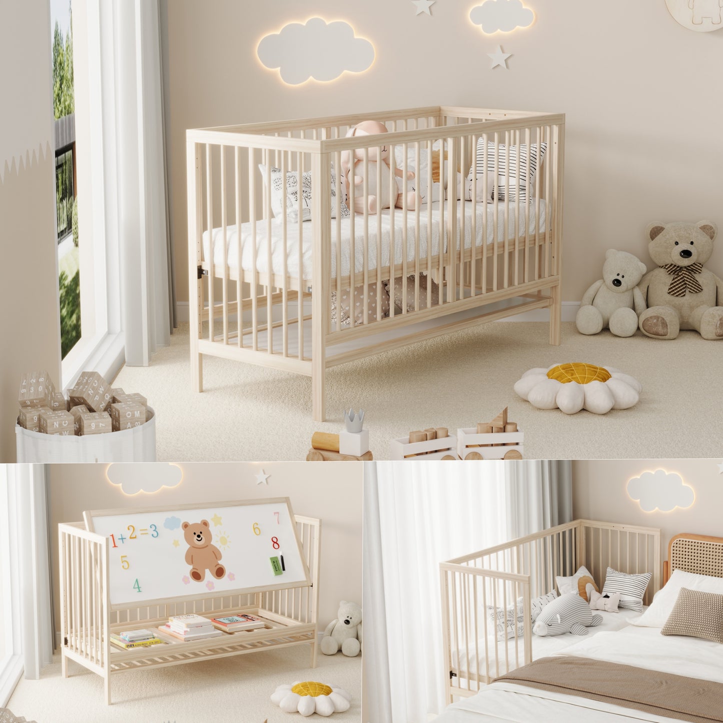 Wooden Baby Bed, Multifunctional Baby Bed, Convertible Into Co-sleeper, Easel & Desk, Multi-level Height Adjustable, Made Of Pine Wood, Natural Wood Colour, Without Mattress, 120x60x90 Cm