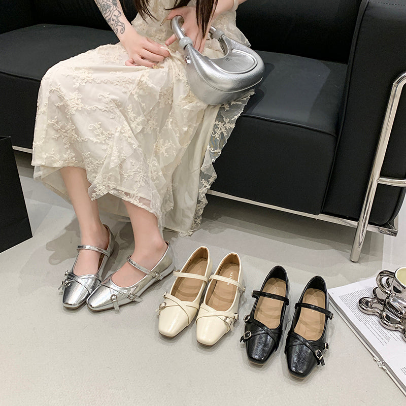2026 Spring Summer New Women's French Square Toe Mary Jane Flats With Hidden Heel, Elegant Silver Single Shoes With Single Strap Buckle