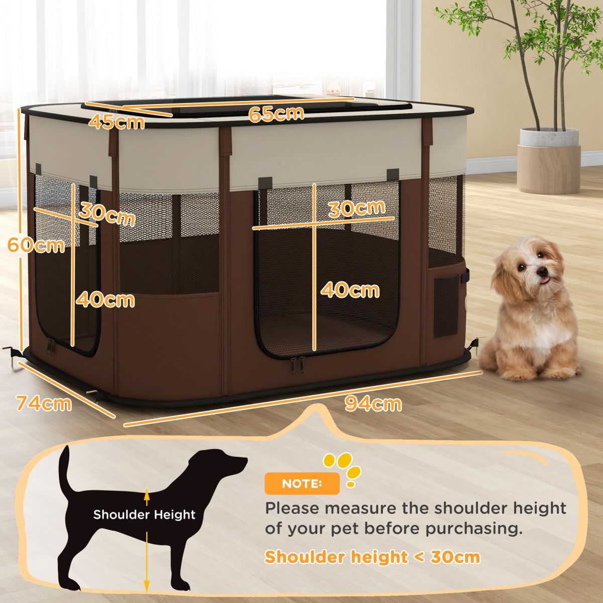 PawHut Foldable Dog Pen With Storage Bag For Indoor/Outdoor Use, Portable Pet Playpen, With Ground Stakes - Brown