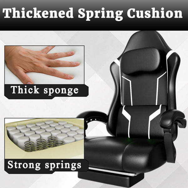 Ergonomic Gaming Chair, Video Game Chair With Pocket Spring Cushion And Footrest, Height Adjustable Computer Chair With Swivel Seat And Headrest   Faux Leather, Off-White