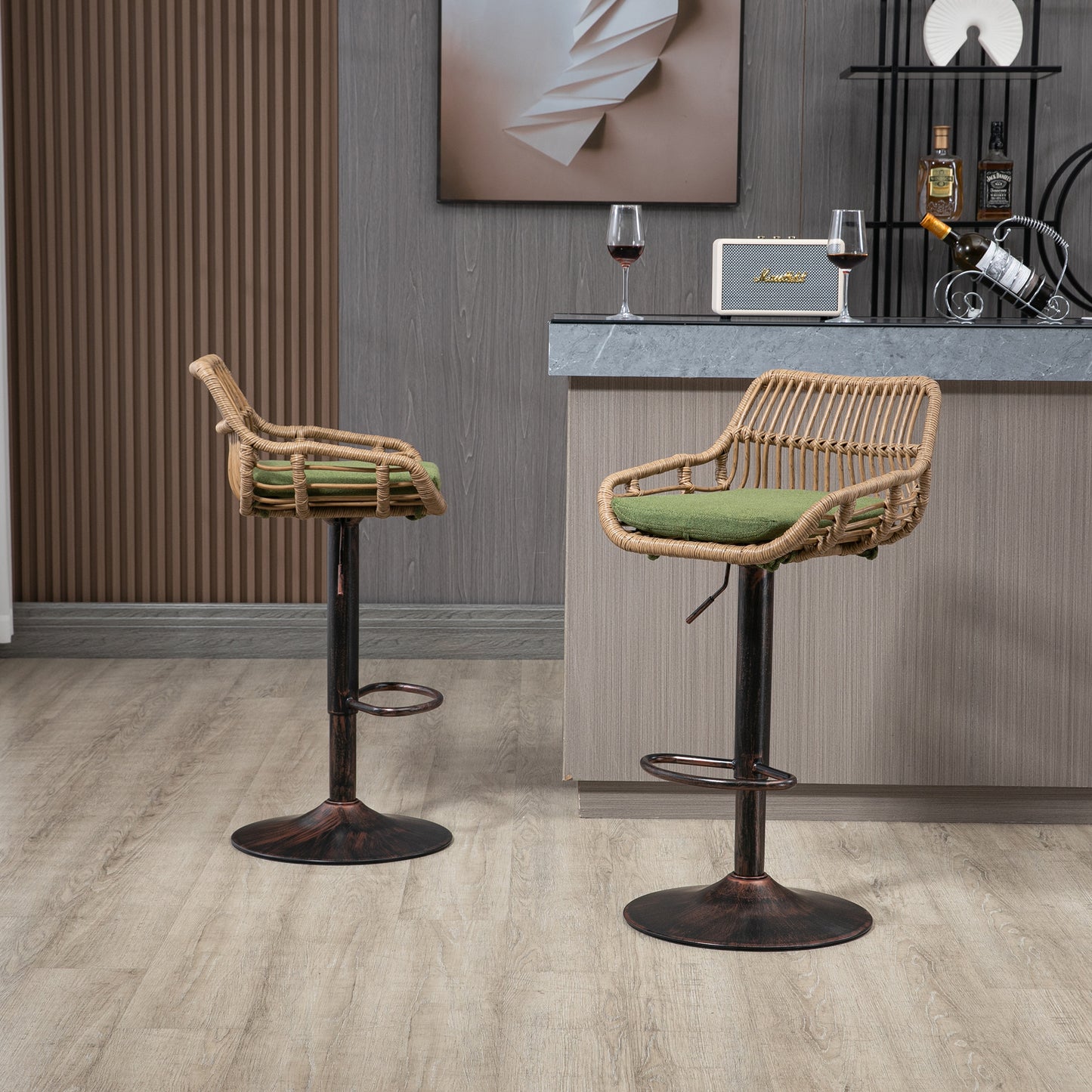 Modern Swivel Bar Stools Set Of 2 Adjustable Counter Height Chairs With Footrest For Kitchen, Dining Room  Green