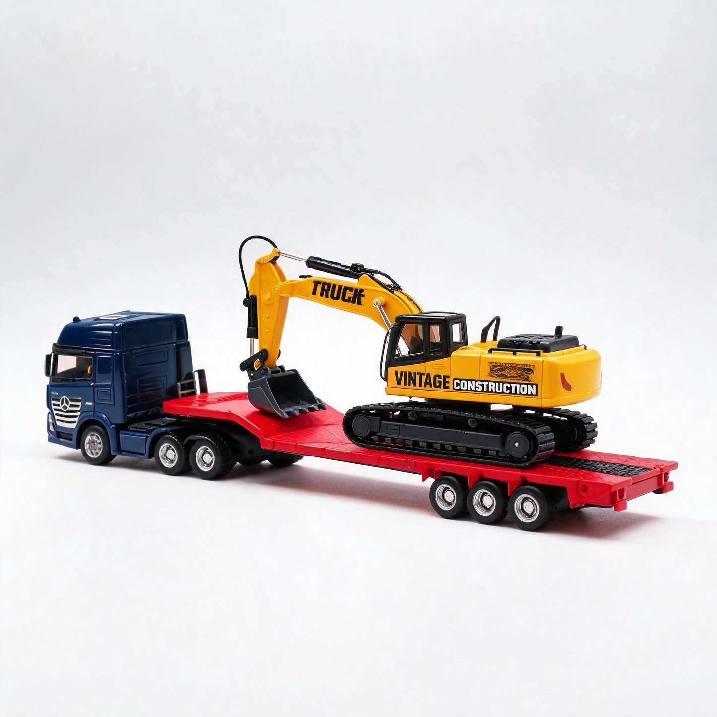 Flat Trailer Truck With Excavator Vehicles Toys, 1 50 Scale Diecast Site Trailer Truck, Toy Trucks For Kids, Gift For Him