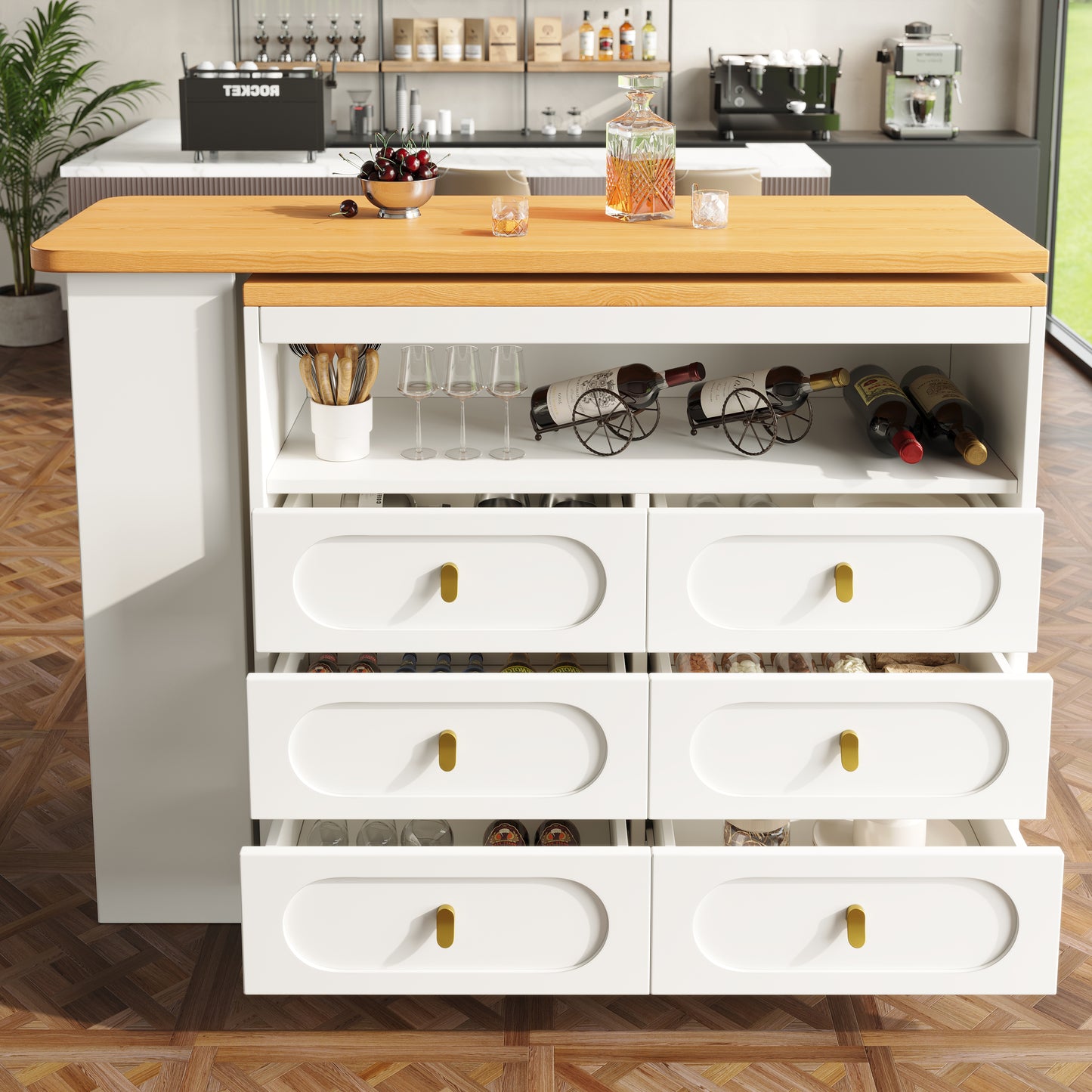High Quality Extendable Bar Table With 360 Swivel Function And Storage Space, Length Adjustable From 138-203cm, Modern Rolling Bar Table With Drawers For Kitchen, Living Room, Dining Room, Home Offic