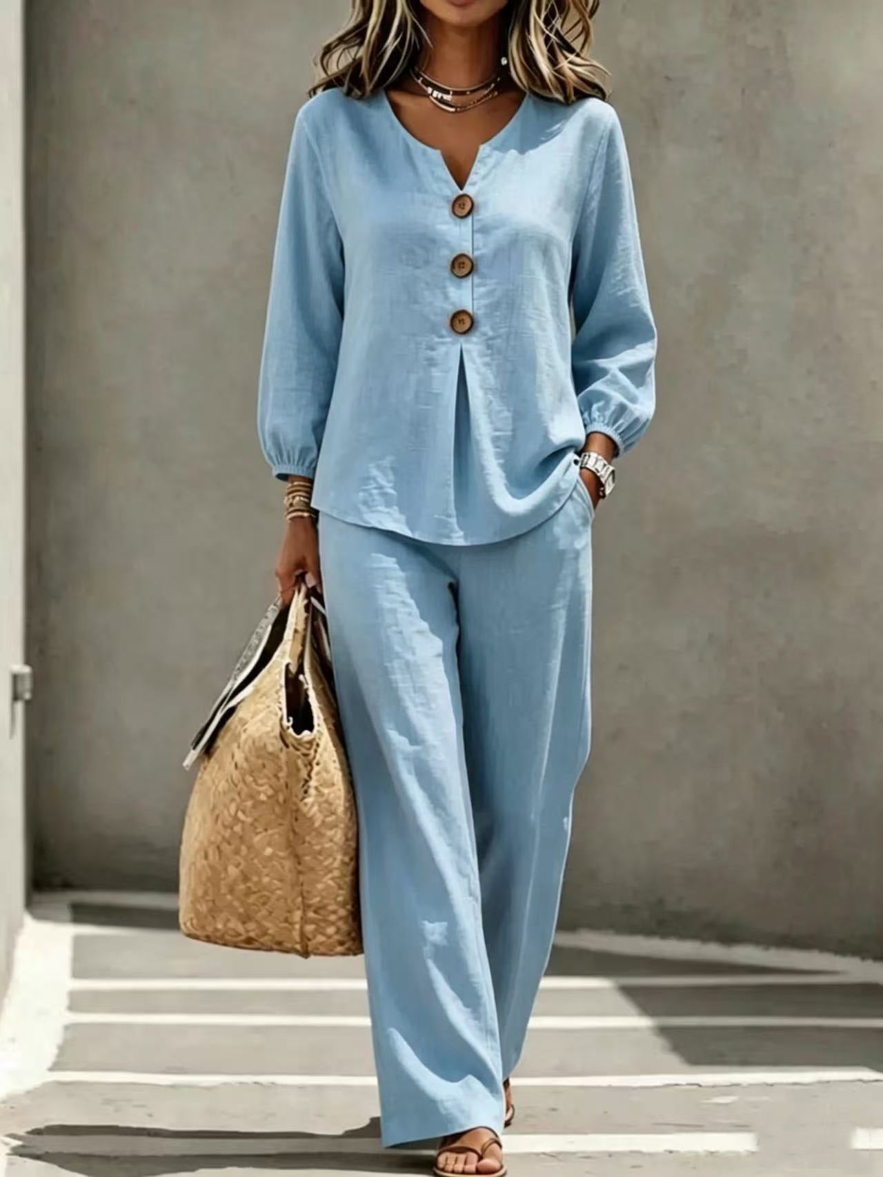 Women's New Casual Two-piece Top With V-neck Long Sleeved Pants