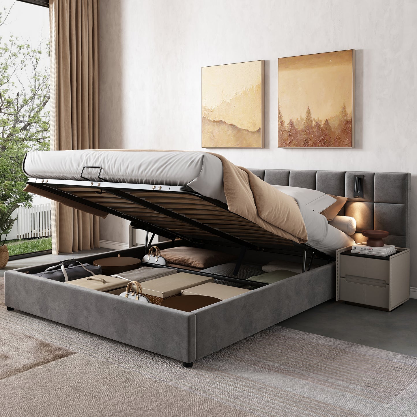 Upholstered Bed,Hydraulic Storage Bed With Directional Lamp And USB Charging,Wide And Foam-Filled Headboard,Checkerboard Pattern, Steel Frame, Without Bedside Stand,Velvet,160x200cm,Grey