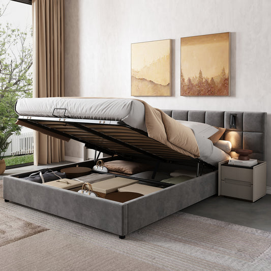 Upholstered Bed,Hydraulic Storage Bed With Directional Lamp And USB Charging,Wide And Foam-Filled Headboard,Checkerboard Pattern, Steel Frame, Without Bedside Stand,Velvet,160x200cm,Grey
