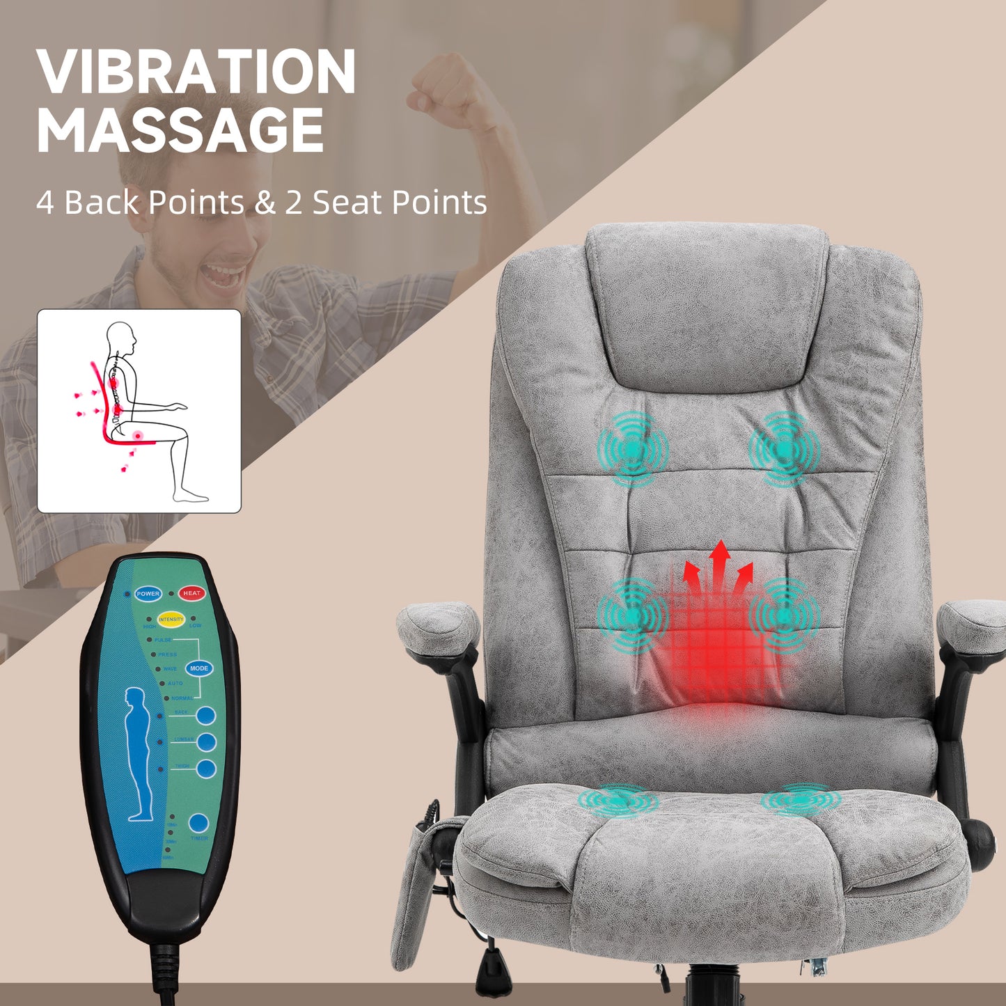 Vinsetto Massage Recliner Chair Heated Office Chair With Six Massage Points Microfiber Cloth 360Swivel Wheels Grey