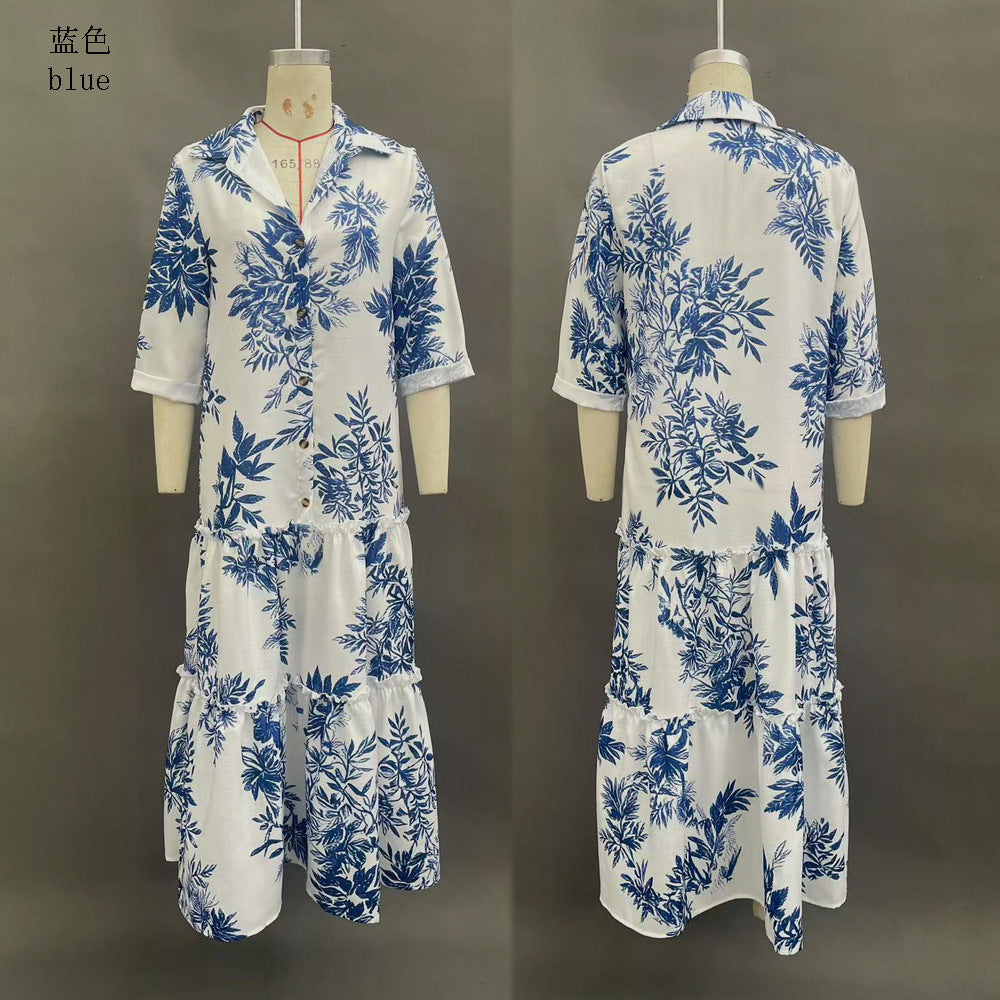 New Womens Casual Long-sleeve Lapel Dress