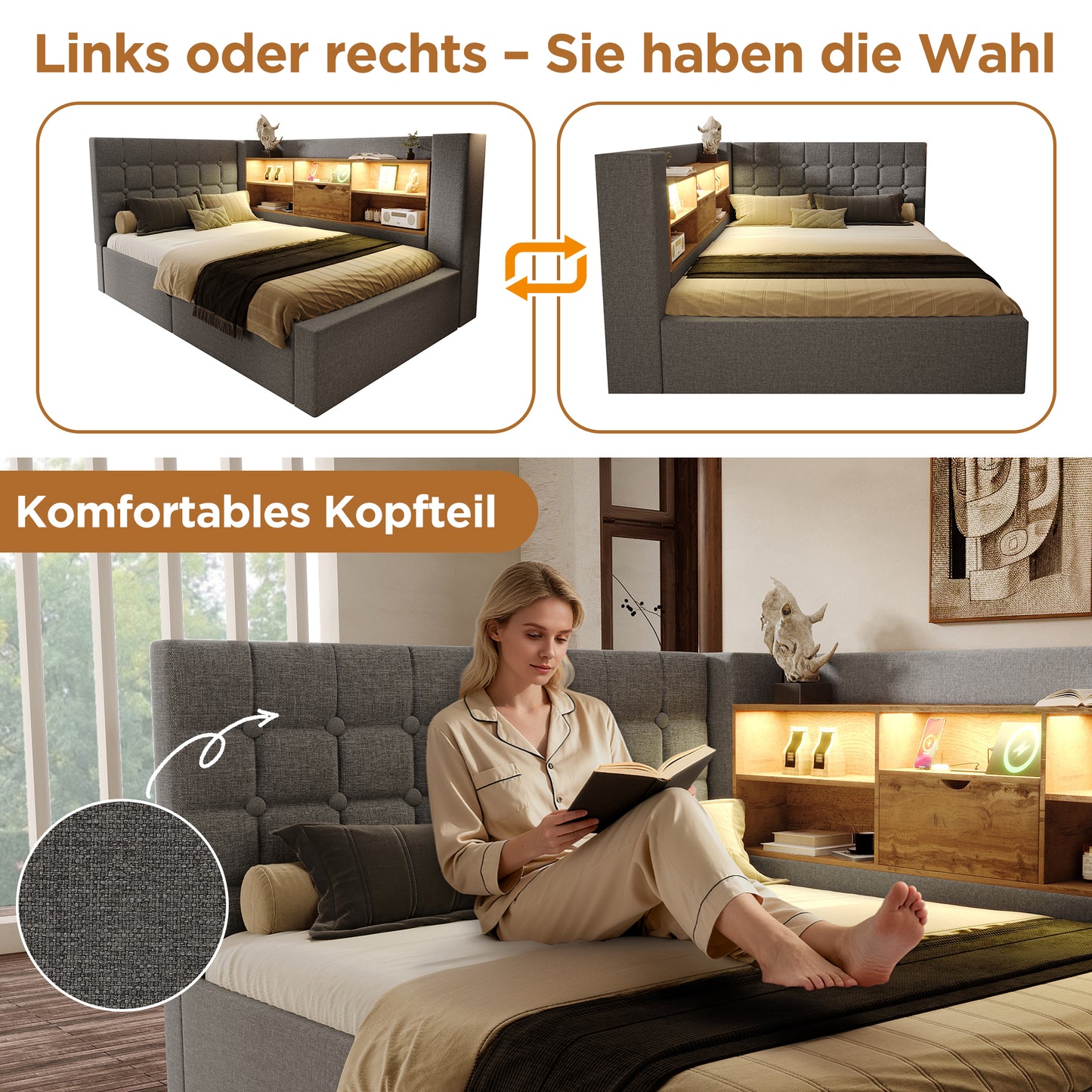 Upholstered Bed 90x200 Cm Single Bed With LED Lighting, Hydraulic Storage, L-shaped Headboard With Storage, Can Be Mounted On Both Sides, Slatted Base, Linen Fabric, Grey  Without Mattress